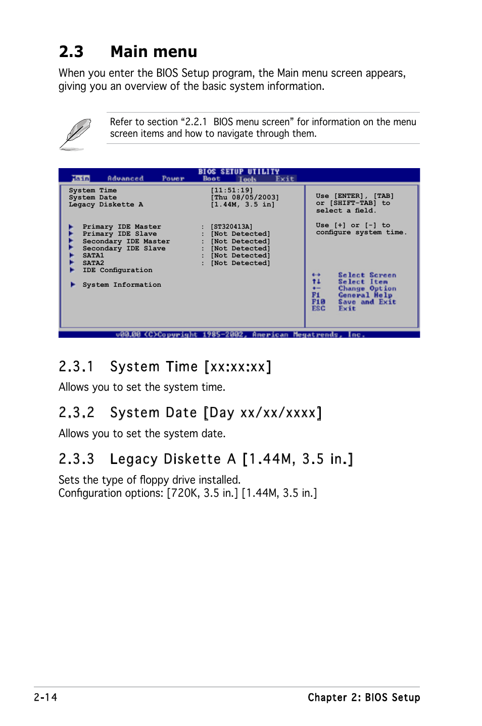 3 main menu, 1 system time [xx:xx:xx, Allows you to set the system time | Allows you to set the system date | Asus Motherboard M2V-MX User Manual | Page 56 / 90