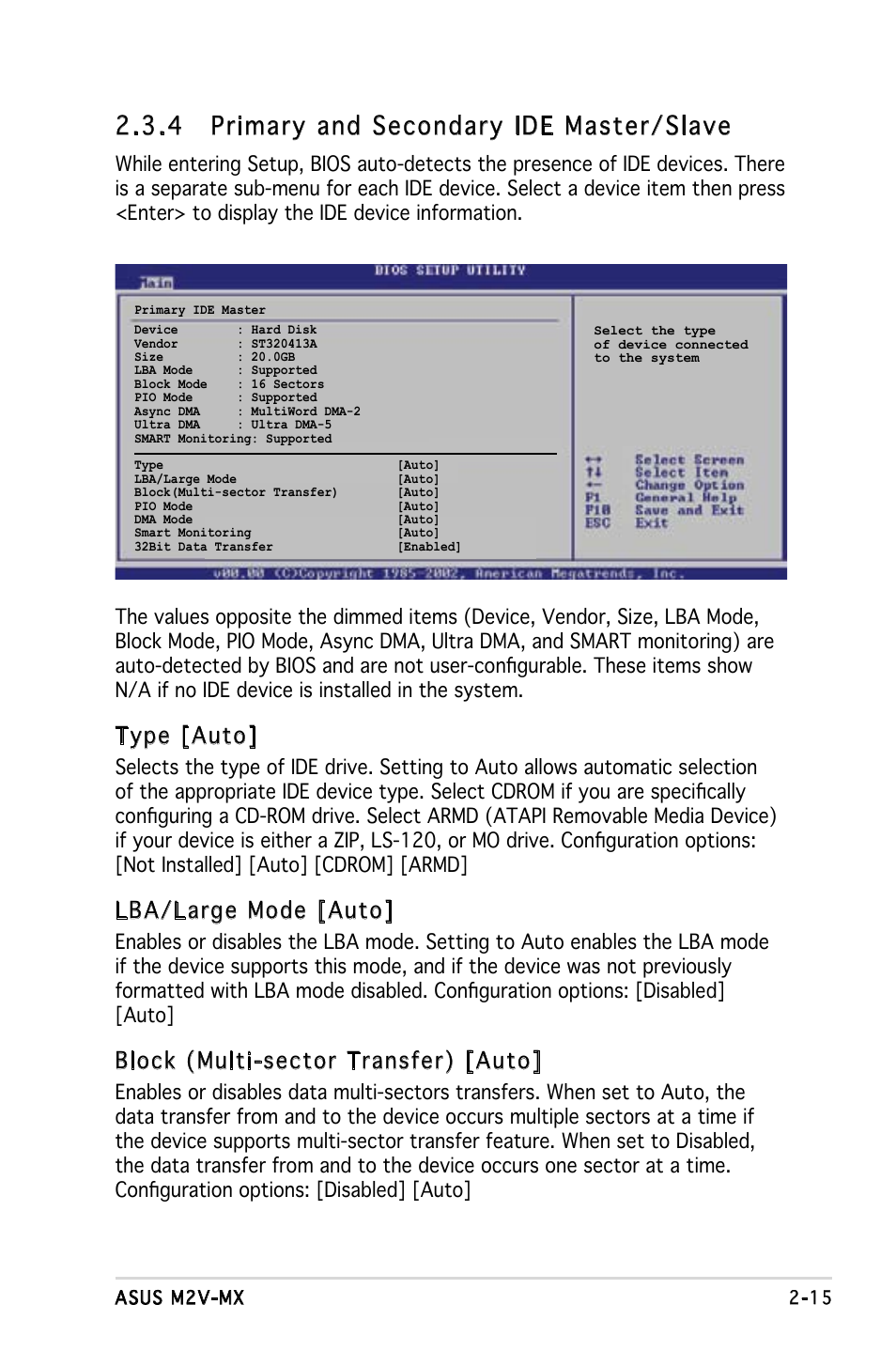 4 primary and secondary ide master/slave, Type [auto, Lba/large mode [auto | Block (multi-sector transfer) [auto | Asus Motherboard M2V-MX User Manual | Page 57 / 90