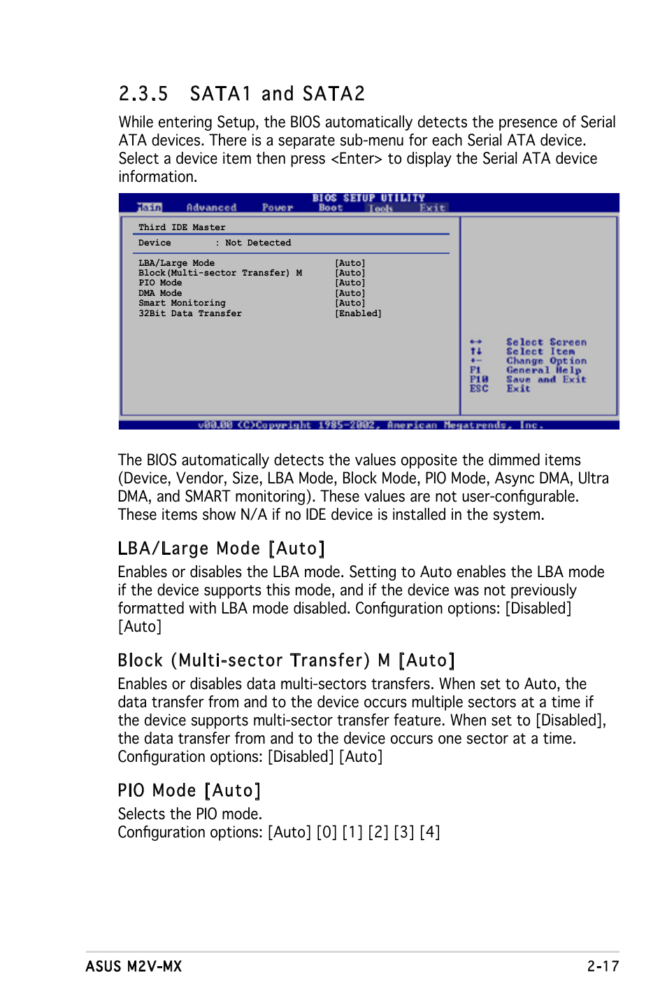 5 sata1 and sata2, Lba/large mode [auto, Block (multi-sector transfer) m [auto | Pio mode [auto | Asus Motherboard M2V-MX User Manual | Page 59 / 90