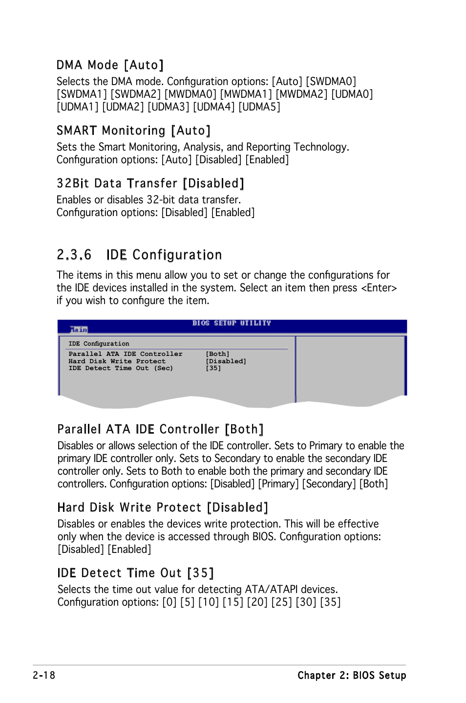 6 ide configuration, Parallel ata ide controller [both, Hard disk write protect [disabled | Ide detect time out [35, Dma mode [auto, Smart monitoring [auto, 32bit data transfer [disabled | Asus Motherboard M2V-MX User Manual | Page 60 / 90