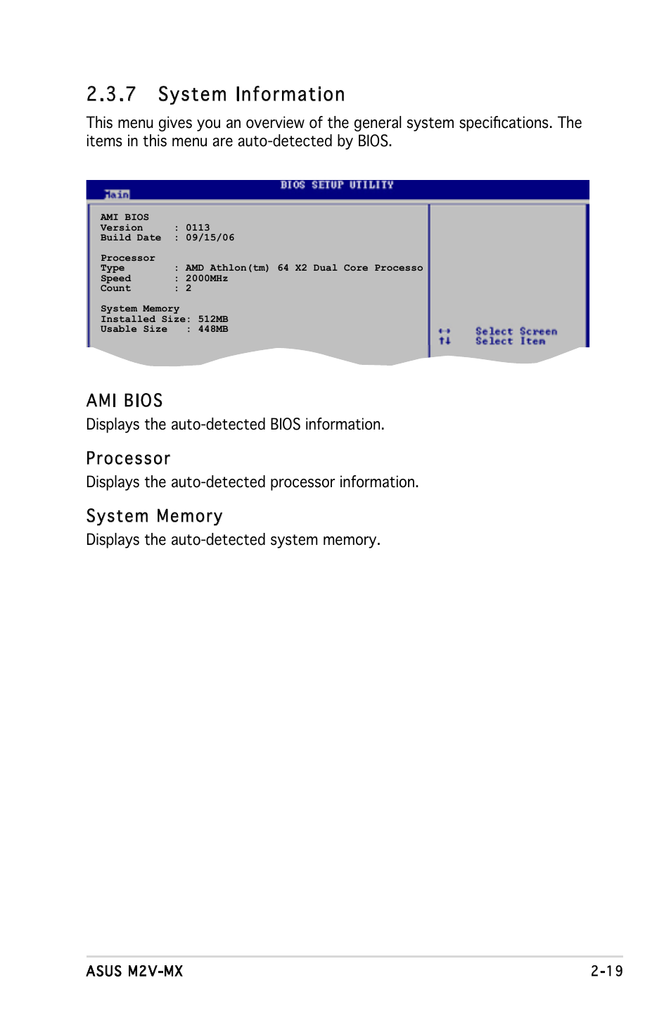 7 system information, Ami bios, Processor | Asus Motherboard M2V-MX User Manual | Page 61 / 90