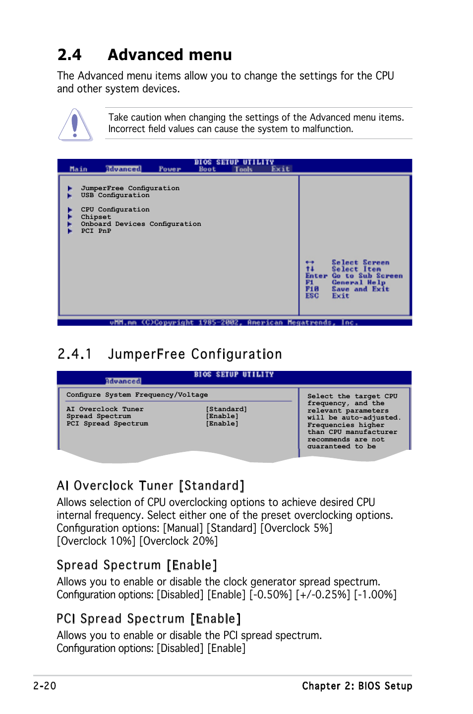 4 advanced menu, 1 jumperfree configuration, Ai overclock tuner [standard | Spread spectrum [enable, Pci spread spectrum [enable | Asus Motherboard M2V-MX User Manual | Page 62 / 90