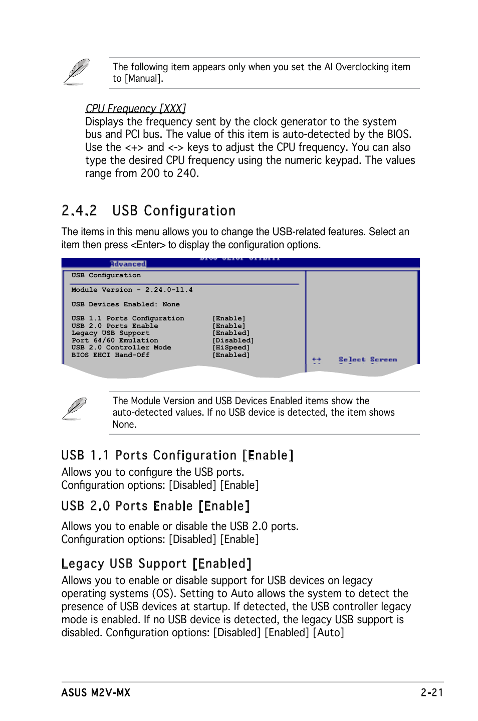 2 usb configuration, Usb 1.1 ports configuration [enable, Usb 2.0 ports enable [enable | Legacy usb support [enabled | Asus Motherboard M2V-MX User Manual | Page 63 / 90