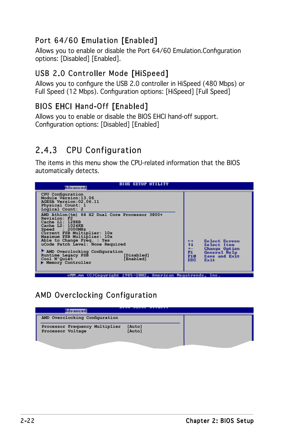3 cpu configuration, Port 64/60 emulation [enabled, Usb 2.0 controller mode [hispeed | Bios ehci hand-off [enabled, Amd overclocking configuration | Asus Motherboard M2V-MX User Manual | Page 64 / 90