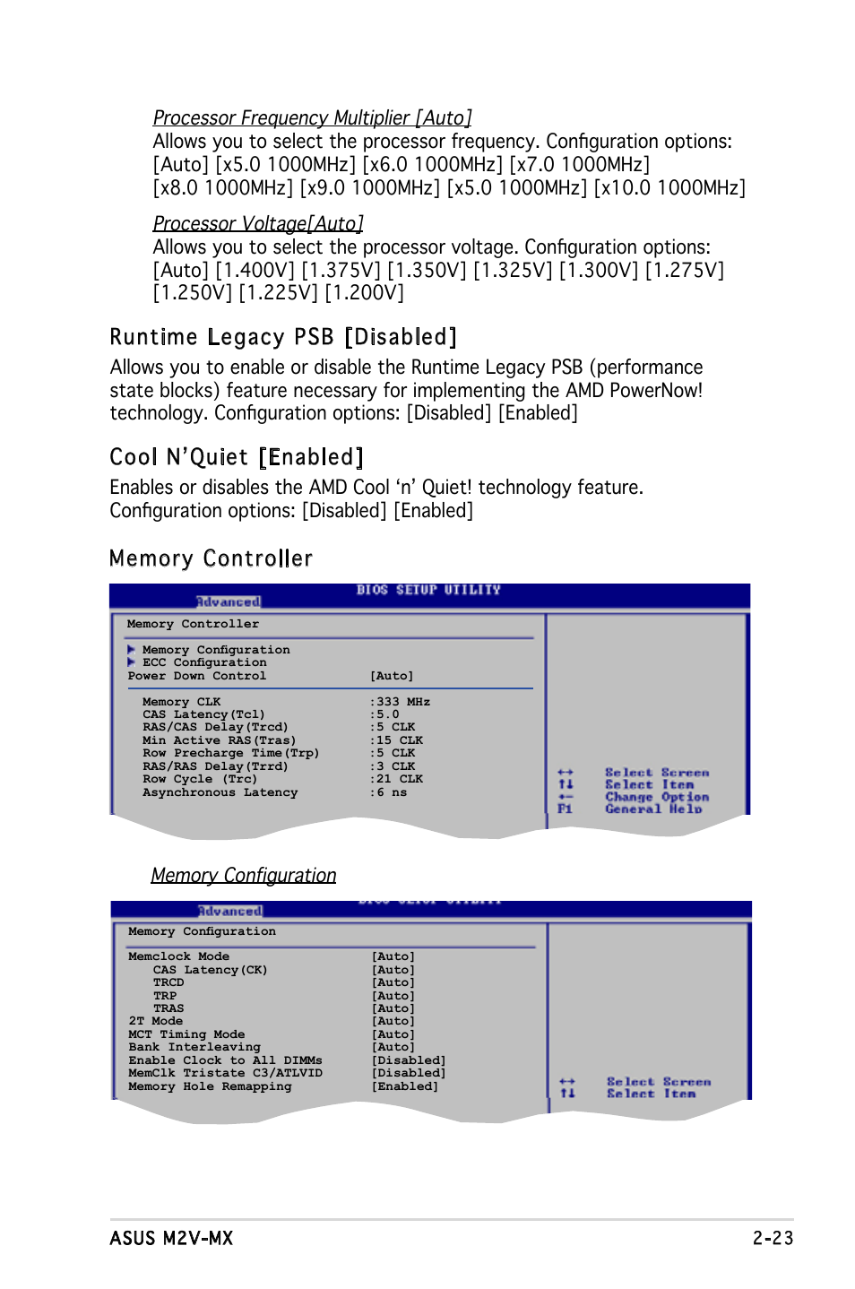 Runtime legacy psb [disabled, Cool n’quiet [enabled | Asus Motherboard M2V-MX User Manual | Page 65 / 90