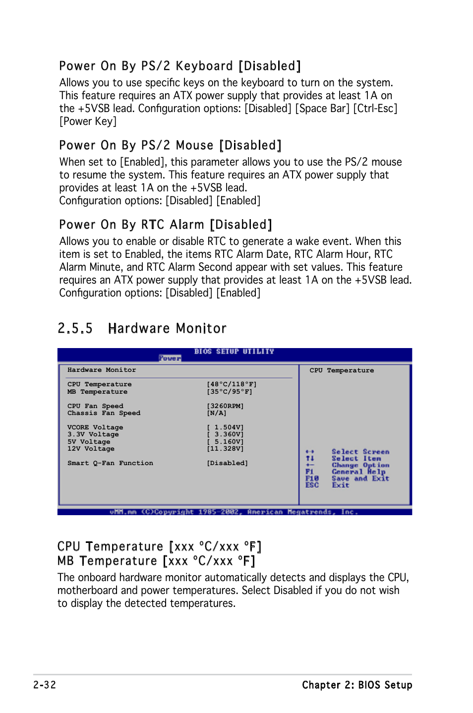 5 hardware monitor, Power on by ps/2 keyboard [disabled, Power on by ps/2 mouse [disabled | Power on by rtc alarm [disabled | Asus Motherboard M2V-MX User Manual | Page 74 / 90