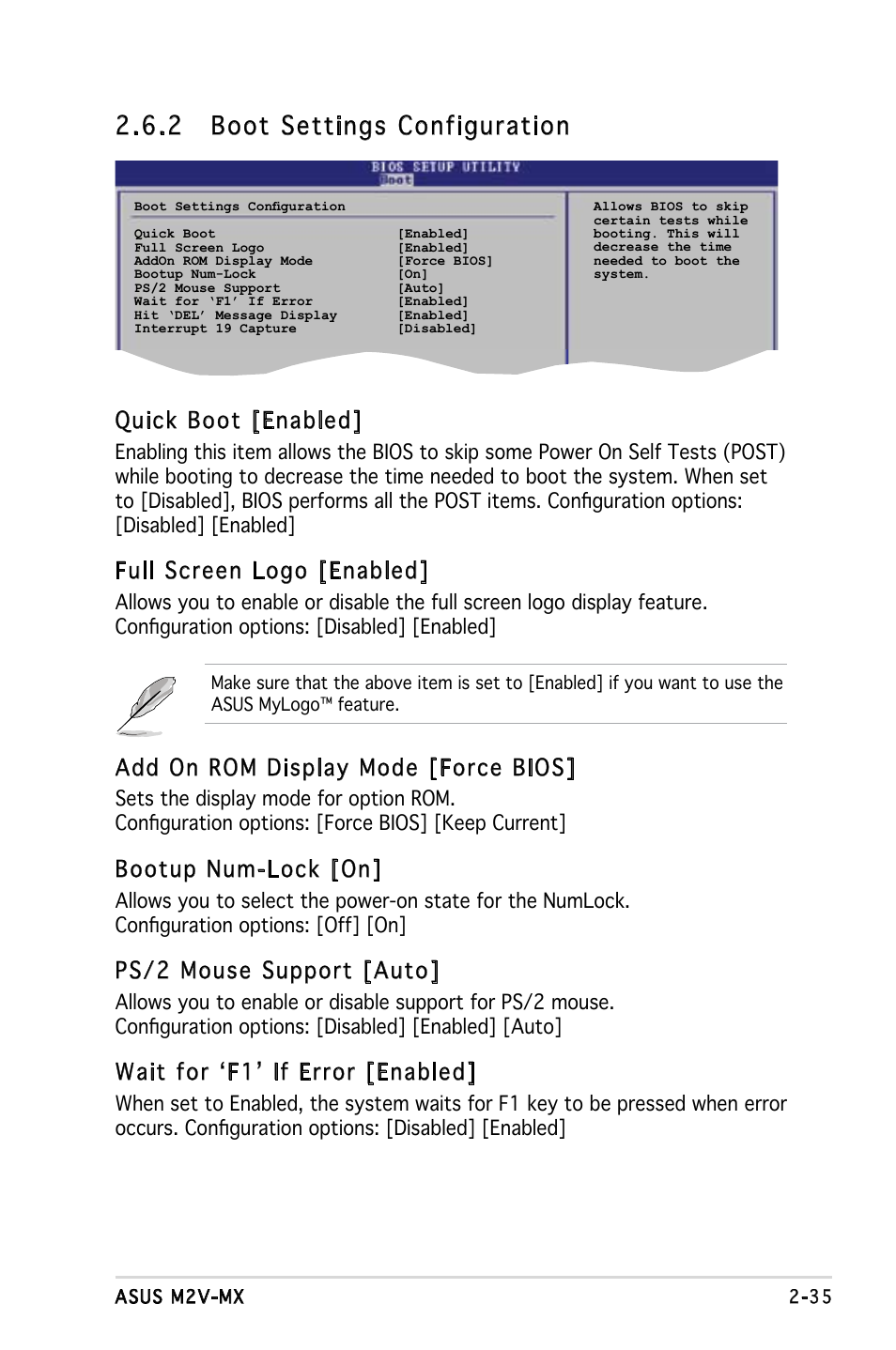 2 boot settings configuration, Quick boot [enabled, Full screen logo [enabled | Add on rom display mode [force bios, Bootup num-lock [on, Ps/2 mouse support [auto, Wait for ‘f1’ if error [enabled | Asus Motherboard M2V-MX User Manual | Page 77 / 90