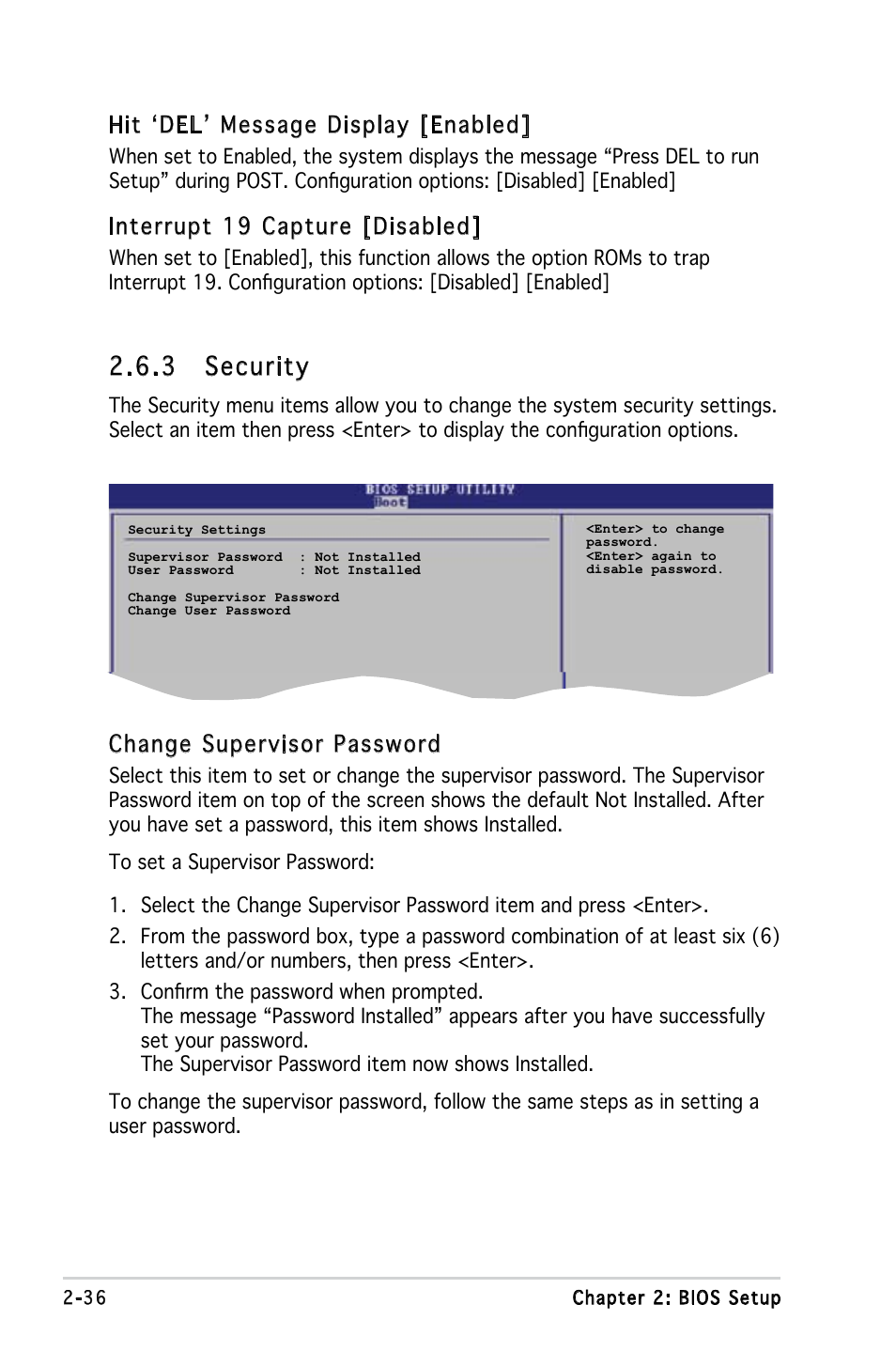 3 security, Hit ‘del’ message display [enabled, Interrupt 19 capture [disabled | Change supervisor password | Asus Motherboard M2V-MX User Manual | Page 78 / 90