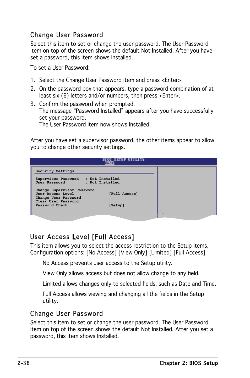 Change user password, User access level [full access | Asus Motherboard M2V-MX User Manual | Page 80 / 90