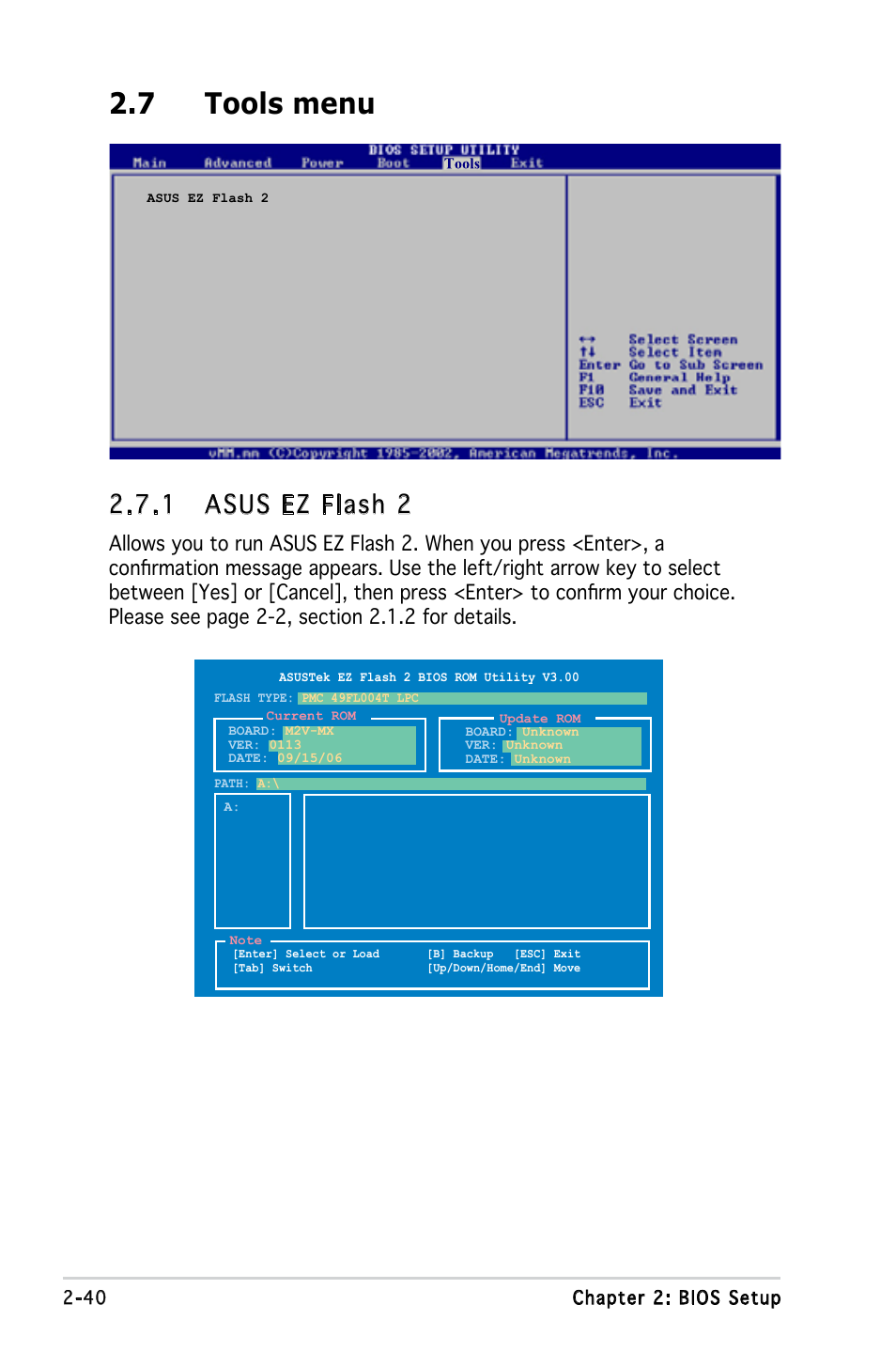 7 tools menu, 1 asus ez flash 2 | Asus Motherboard M2V-MX User Manual | Page 82 / 90