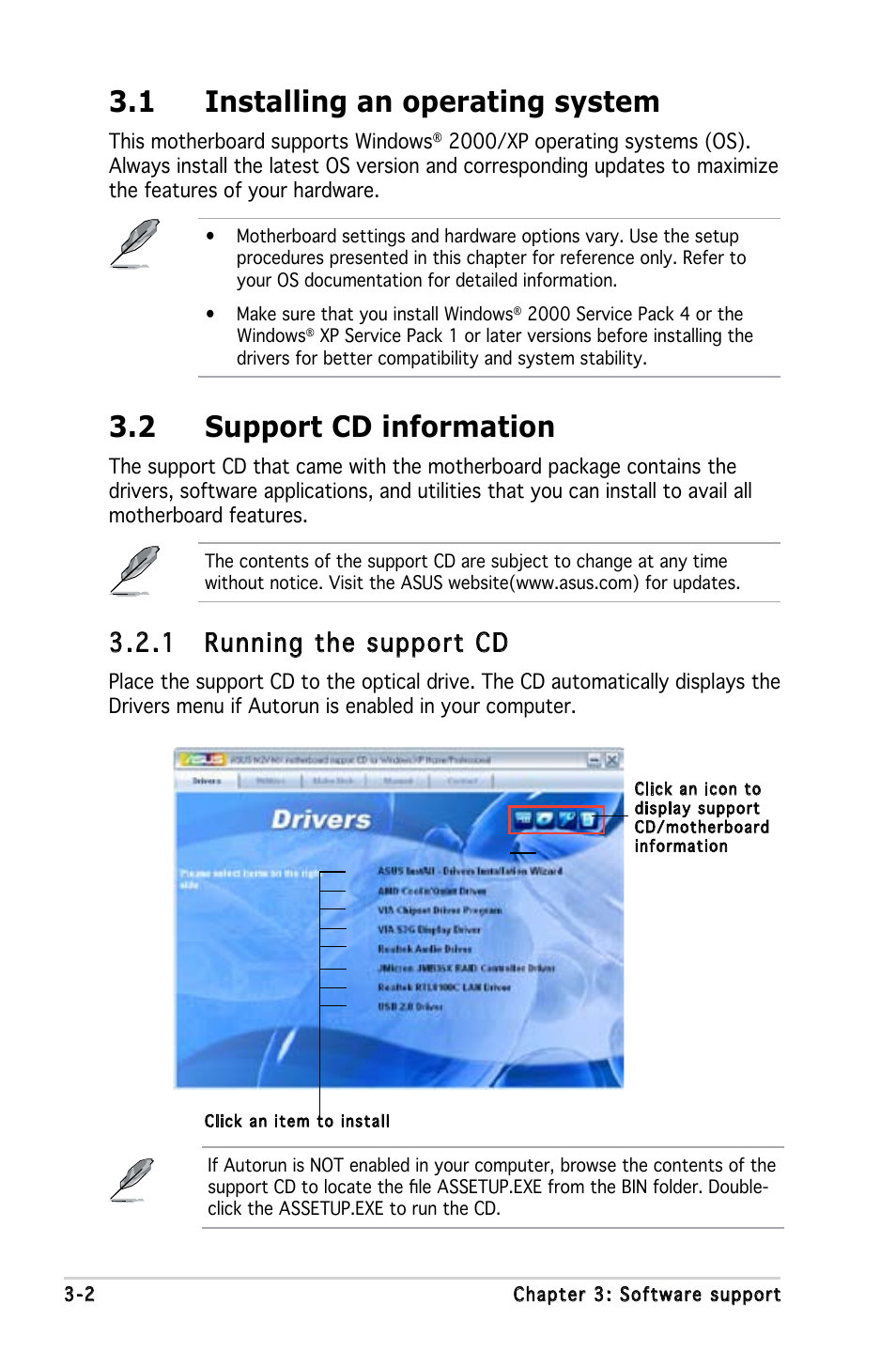 1 installing an operating system, 2 support cd information, 1 running the support cd | Asus Motherboard M2V-MX User Manual | Page 86 / 90