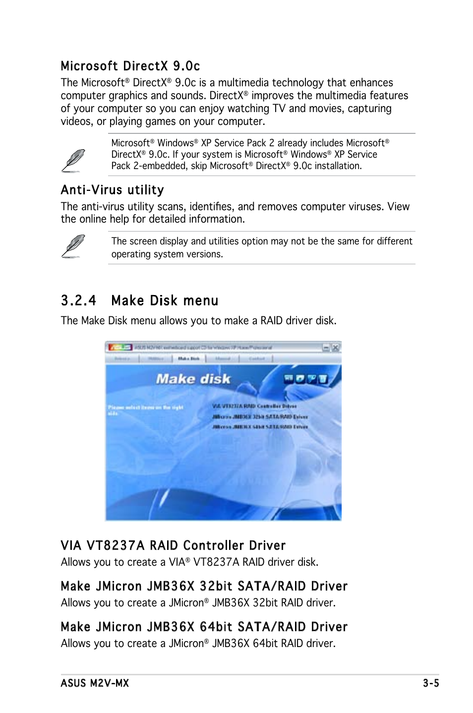 4 make disk menu, Microsoft directx 9.0c, Anti-virus utility | Via vt8237a raid controller driver, Make jmicron jmb36x 32bit sata/raid driver, Make jmicron jmb36x 64bit sata/raid driver | Asus Motherboard M2V-MX User Manual | Page 89 / 90