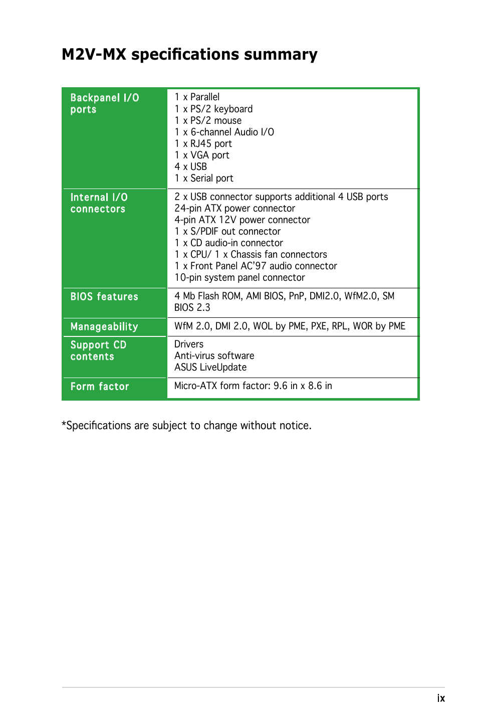 M2v-mx specifications summary | Asus Motherboard M2V-MX User Manual | Page 9 / 90