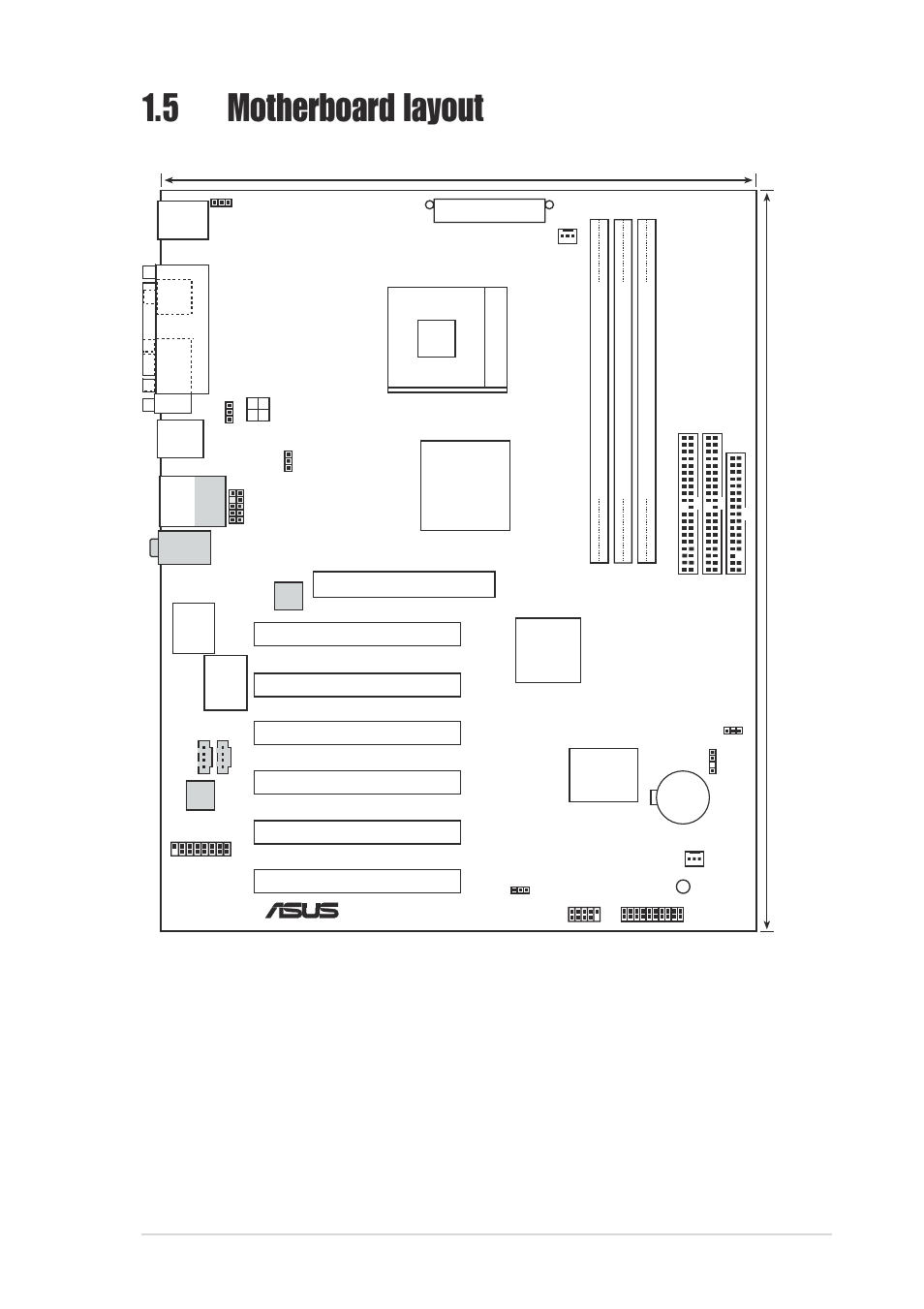 5 motherboard layout, Asus p4s8x-x motherboard user guide 1-7, 5cm (12.0in) | 4cm (9.6in) | Asus P4S8X-X User Manual | Page 17 / 64