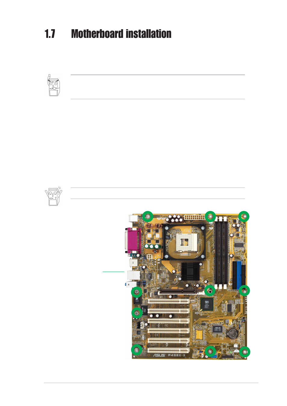 7 motherboard installation, 1 placement direction, 2 screw holes | Asus P4S8X-X User Manual | Page 19 / 64