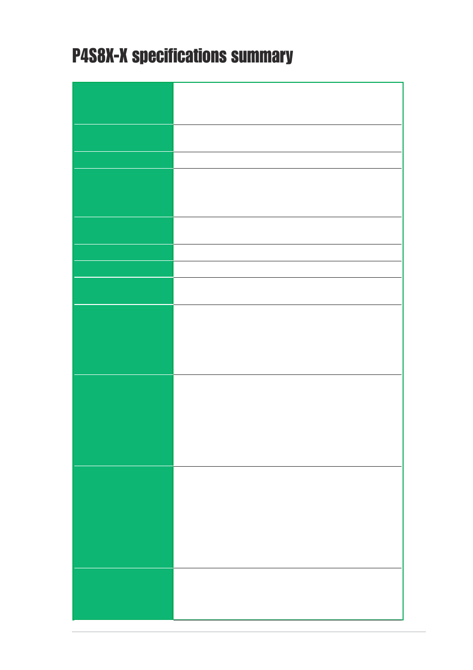 P4s8x-x specifications summary | Asus P4S8X-X User Manual | Page 9 / 64