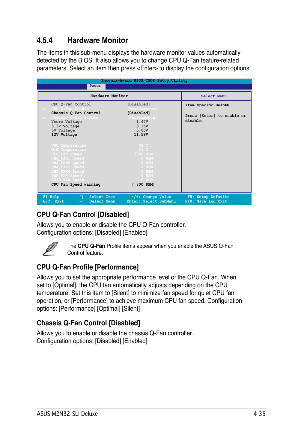 4 hardware monitor, Cpu q-fan control [disabled, Cpu q-fan profile [performance | Chassis q-fan control [disabled | Asus M2N32-SLI User Manual | Page 101 / 170