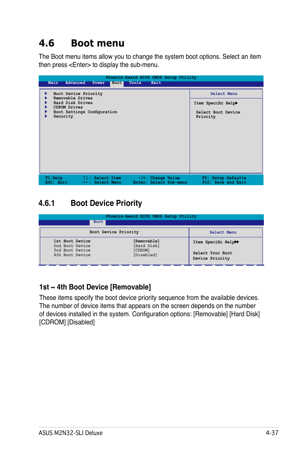 6 boot menu, 1 boot device priority, 1st ~ 4th boot device [removable | Asus M2N32-SLI User Manual | Page 103 / 170