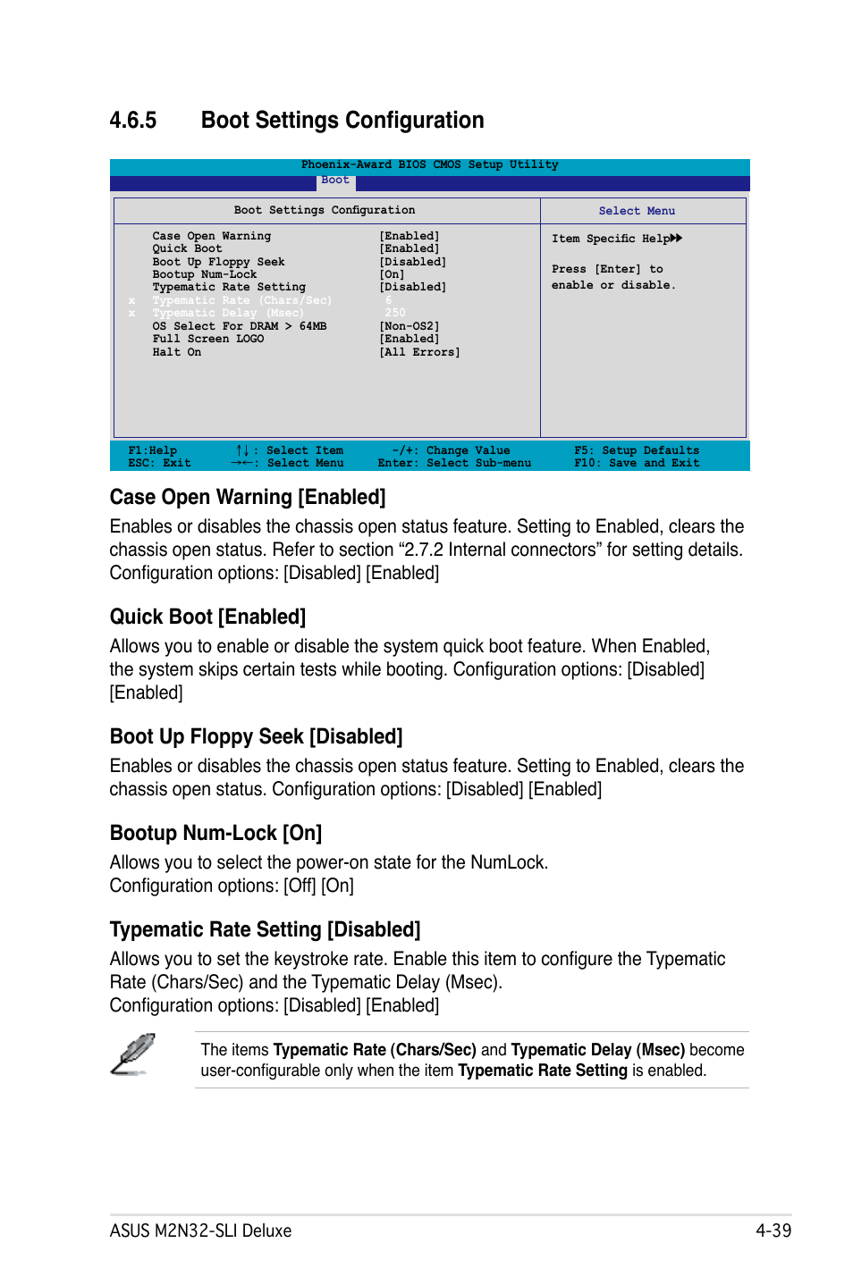 5 boot settings configuration, Case open warning [enabled, Quick boot [enabled | Boot up floppy seek [disabled, Bootup num-lock [on, Typematic rate setting [disabled | Asus M2N32-SLI User Manual | Page 105 / 170