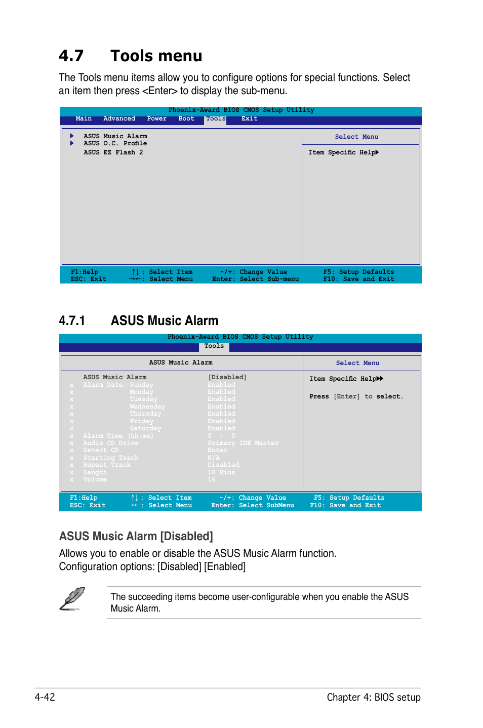 7 tools menu, 1 asus music alarm, Asus music alarm [disabled | Asus M2N32-SLI User Manual | Page 108 / 170