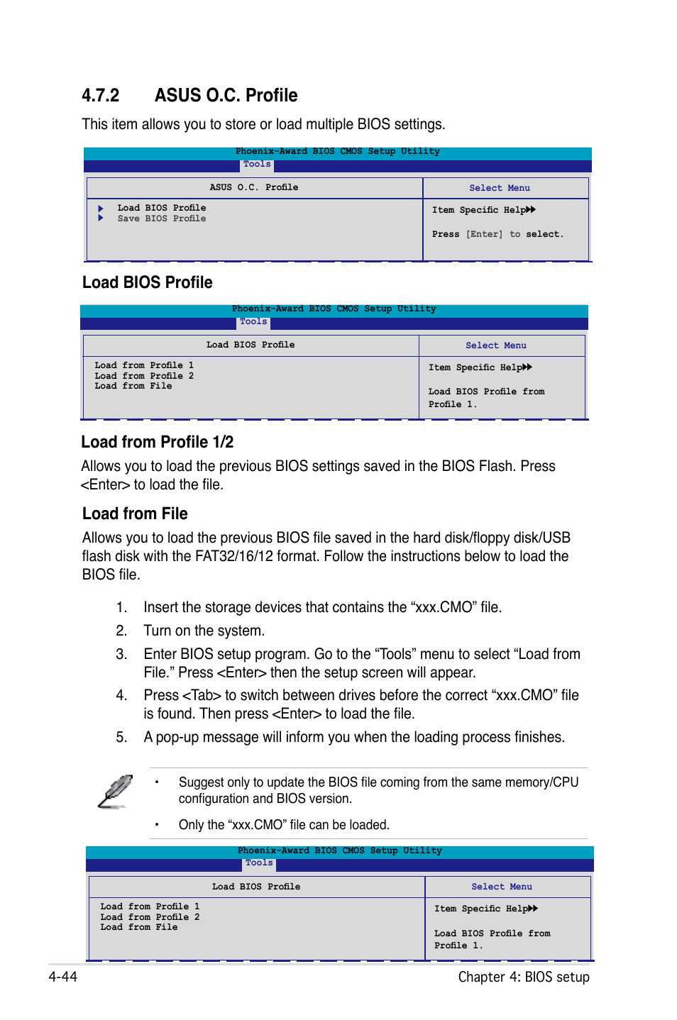 2 asus o.c. profile, Load bios profile load from profile 1/2, Load from file | Asus M2N32-SLI User Manual | Page 110 / 170