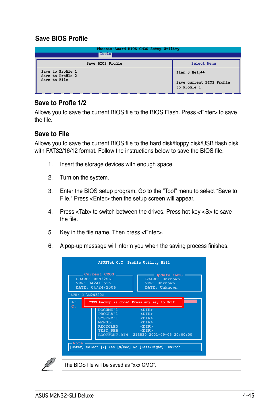 Save bios profile save to profle 1/2, Save to file | Asus M2N32-SLI User Manual | Page 111 / 170