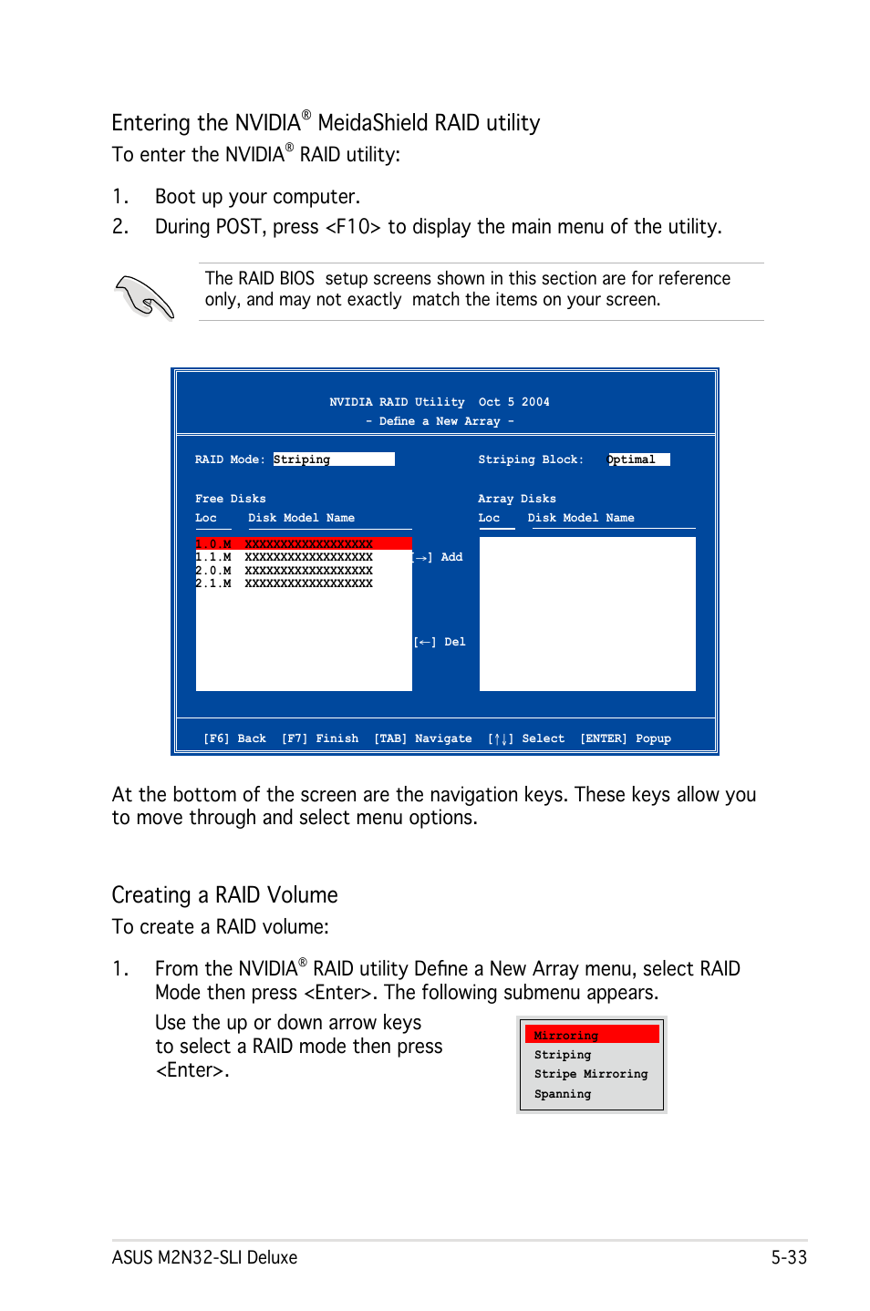 Entering the nvidia, Meidashield raid utility, Creating a raid volume | Asus M2N32-SLI User Manual | Page 149 / 170