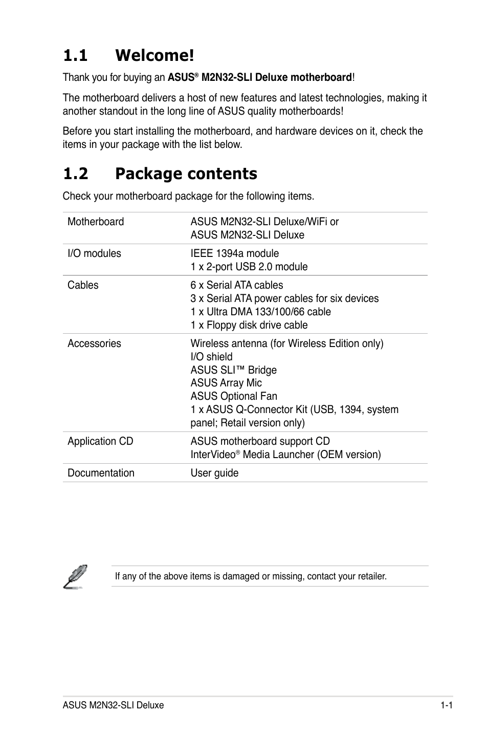 1 welcome, 2 package contents | Asus M2N32-SLI User Manual | Page 17 / 170