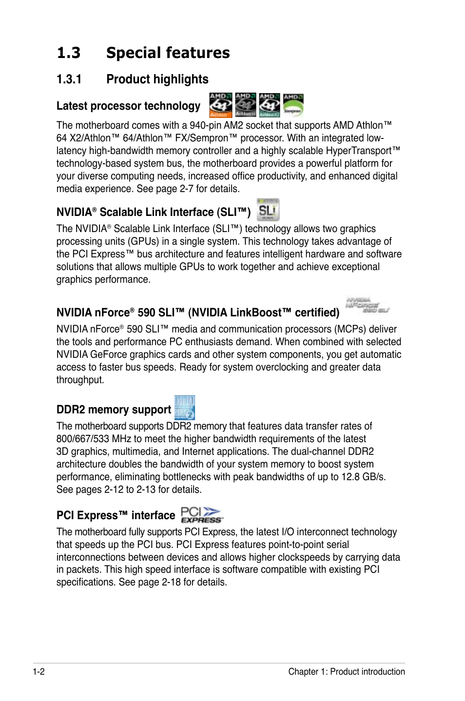 3 special features, 1 product highlights | Asus M2N32-SLI User Manual | Page 18 / 170