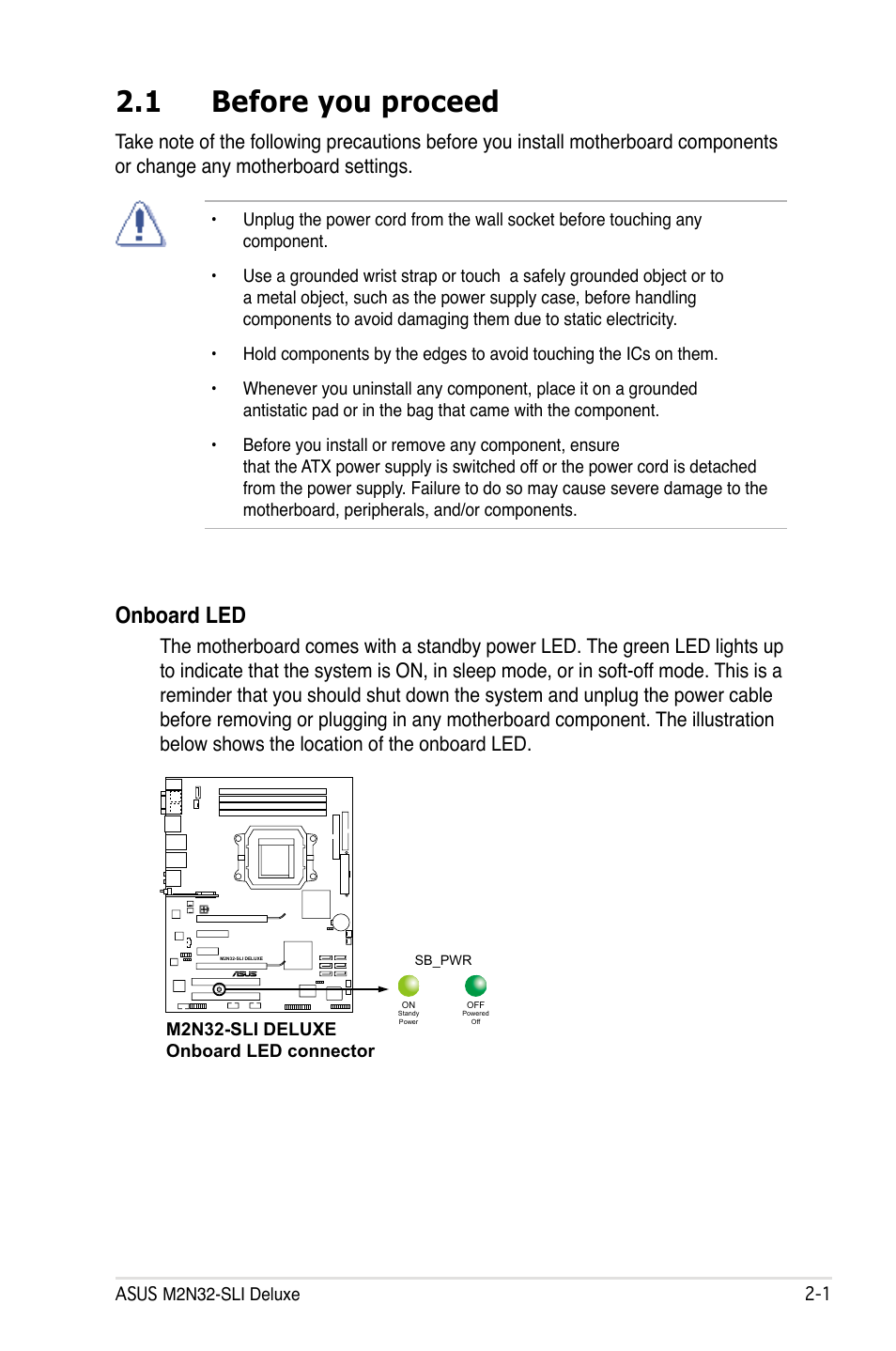 1 before you proceed, Onboard led | Asus M2N32-SLI User Manual | Page 27 / 170