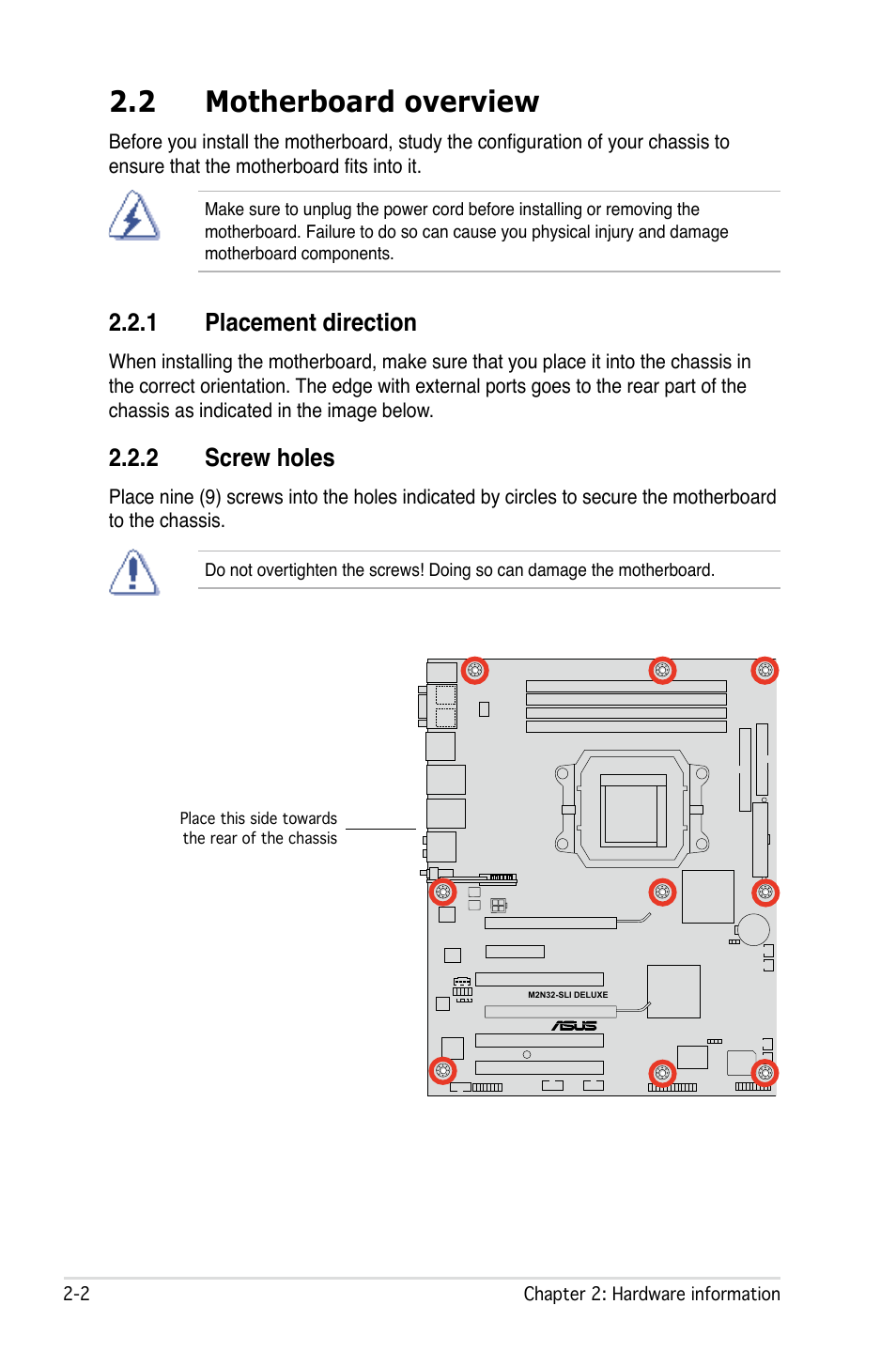 2 motherboard overview, 1 placement direction, 2 screw holes | Asus M2N32-SLI User Manual | Page 28 / 170