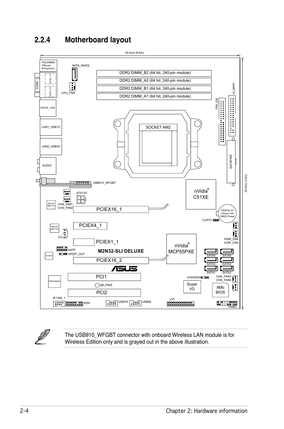 4 motherboard layout,  chapter 2: hardware information, M2n32-sli deluxe | Nvidia c51xe, Nvidia mcp55pxe | Asus M2N32-SLI User Manual | Page 30 / 170