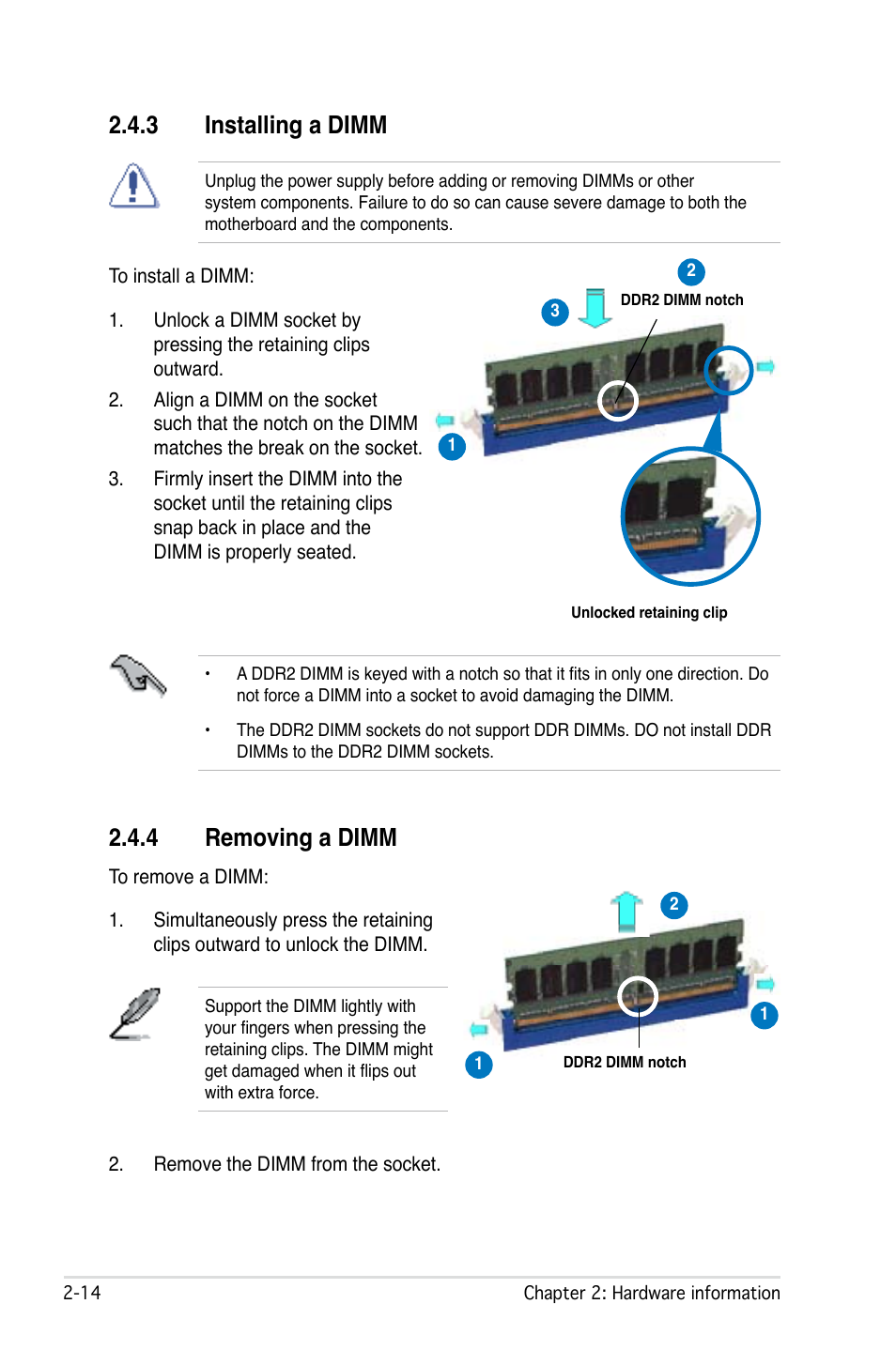 3 installing a dimm, 4 removing a dimm | Asus M2N32-SLI User Manual | Page 40 / 170