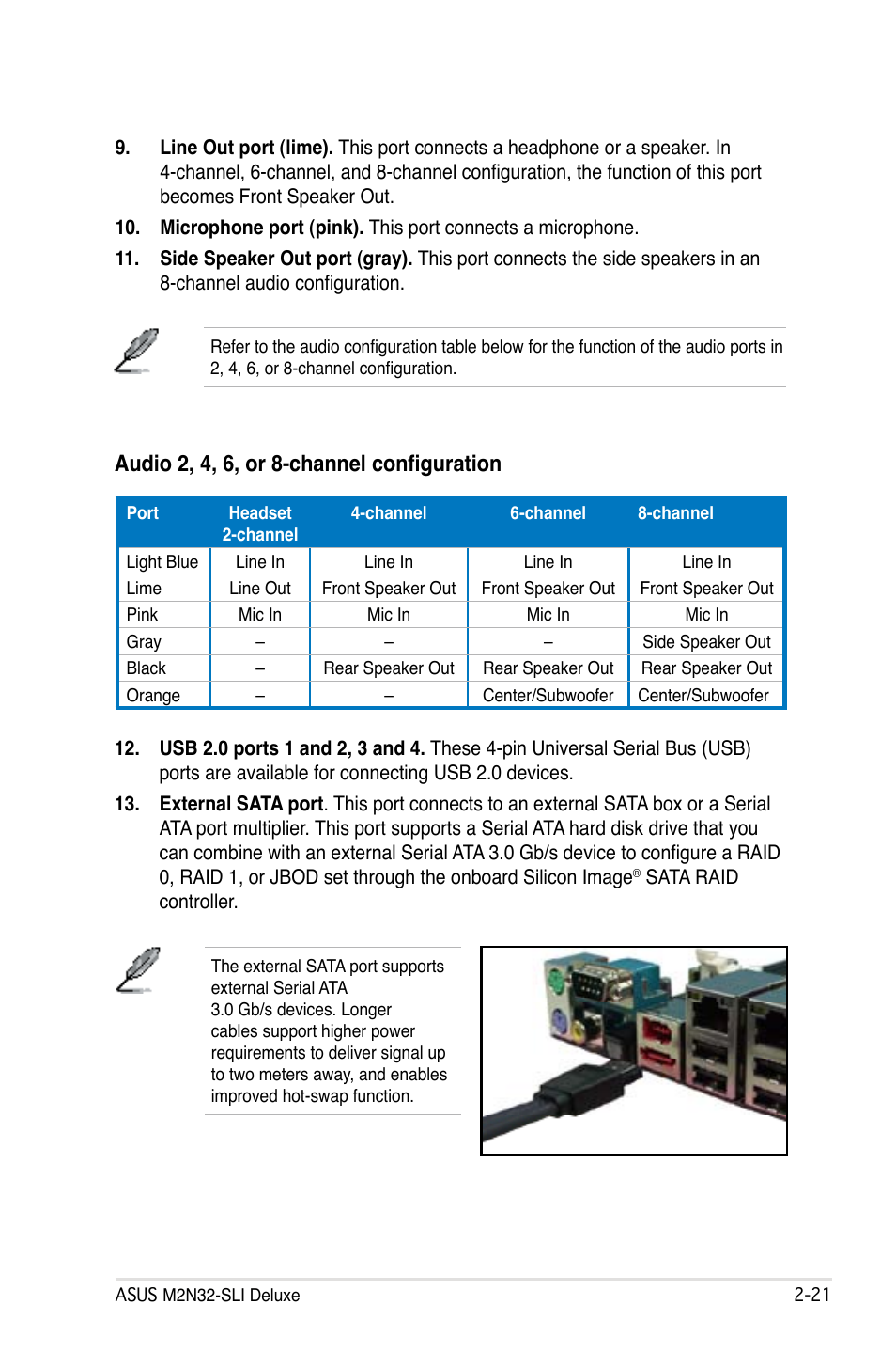 Audio 2, 4, 6, or 8-channel configuration | Asus M2N32-SLI User Manual | Page 47 / 170