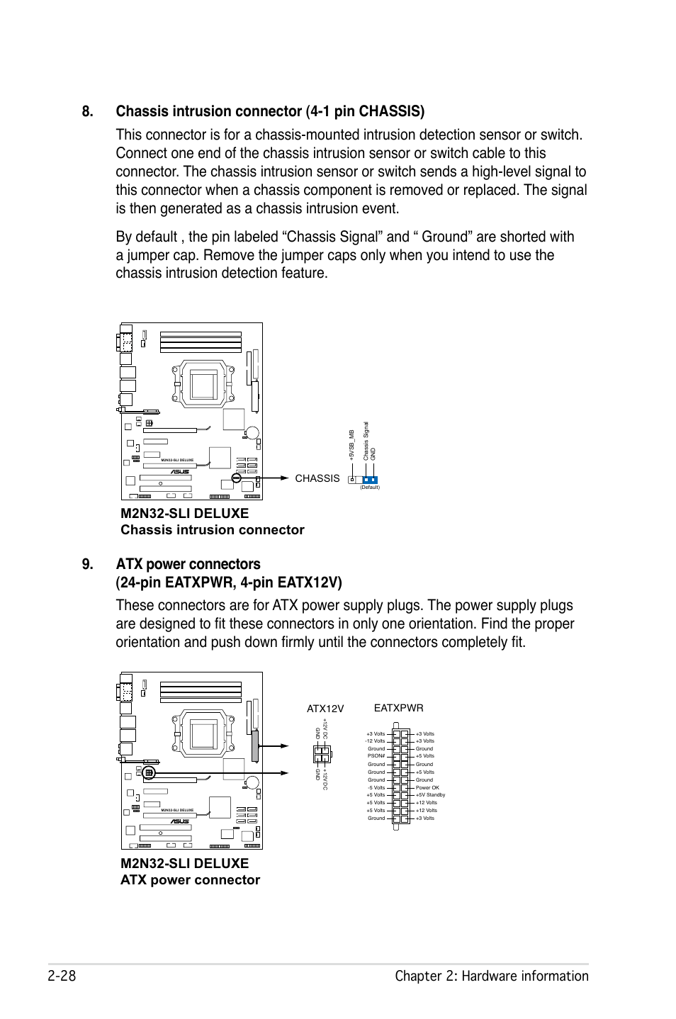 2 chapter 2: hardware information, M2n32-sli deluxe chassis intrusion connector, M2n32-sli deluxe atx power connector | Asus M2N32-SLI User Manual | Page 54 / 170