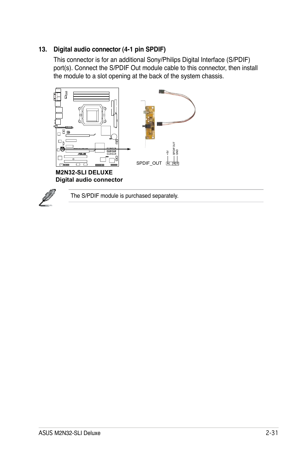 Asus m2n32-sli deluxe 2, M2n32-sli deluxe digital audio connector, The s/pdif module is purchased separately | Asus M2N32-SLI User Manual | Page 57 / 170