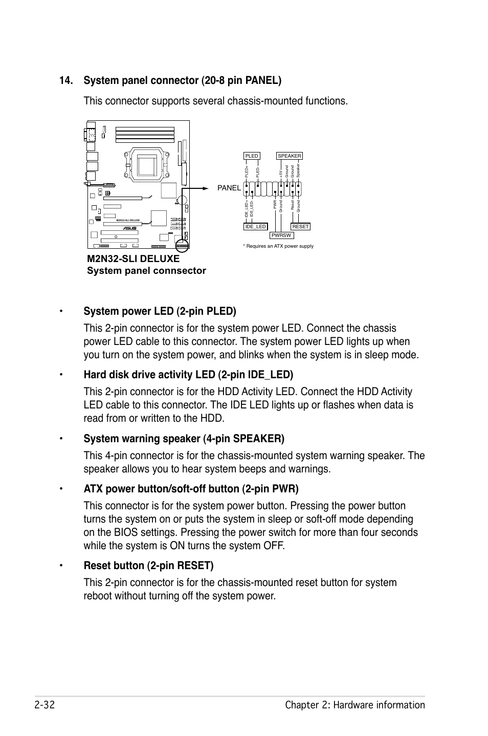 2 chapter 2: hardware information, M2n32-sli deluxe system panel connsector | Asus M2N32-SLI User Manual | Page 58 / 170