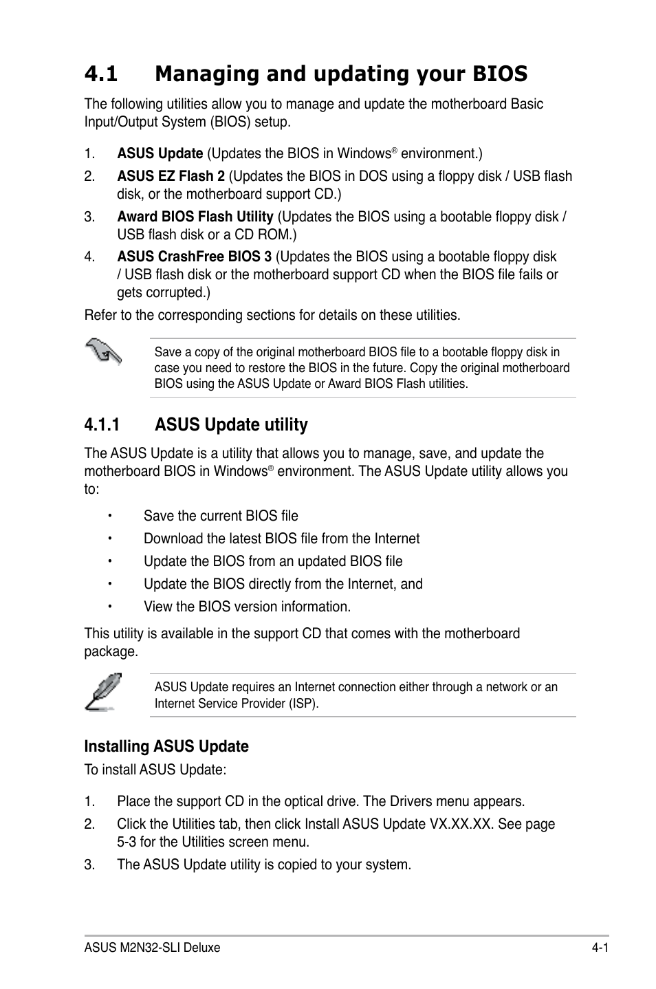 1 managing and updating your bios, 1 asus update utility | Asus M2N32-SLI User Manual | Page 67 / 170