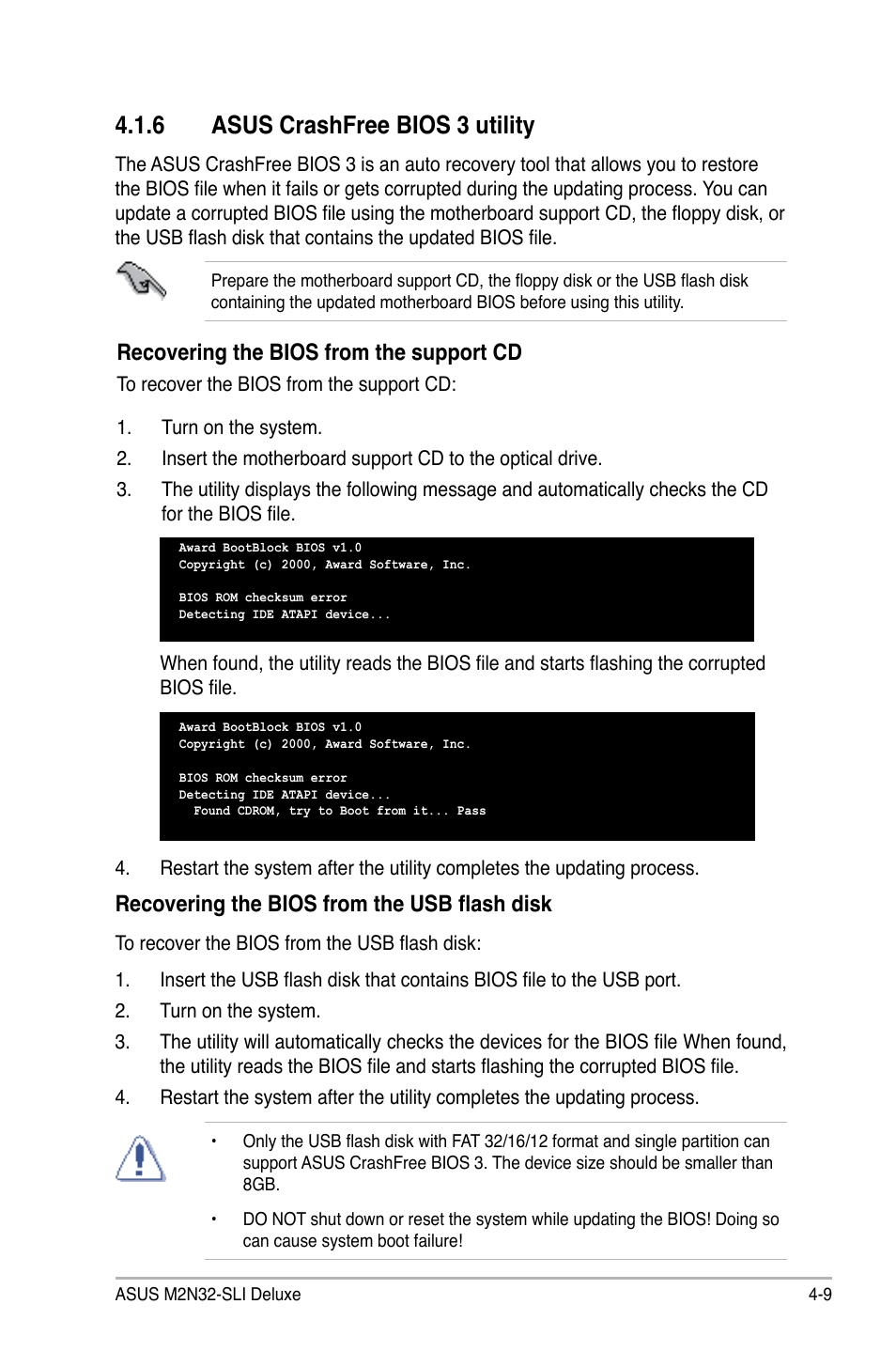 6 asus crashfree bios 3 utility, Recovering the bios from the support cd, Recovering the bios from the usb flash disk | Asus M2N32-SLI User Manual | Page 75 / 170