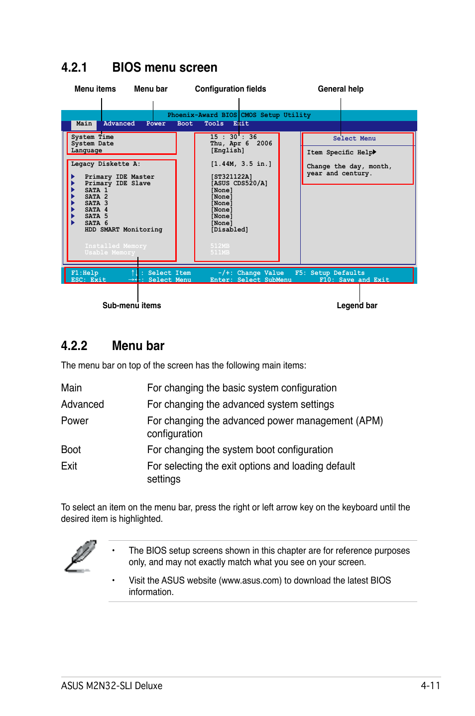 1 bios menu screen, 2 menu bar | Asus M2N32-SLI User Manual | Page 77 / 170