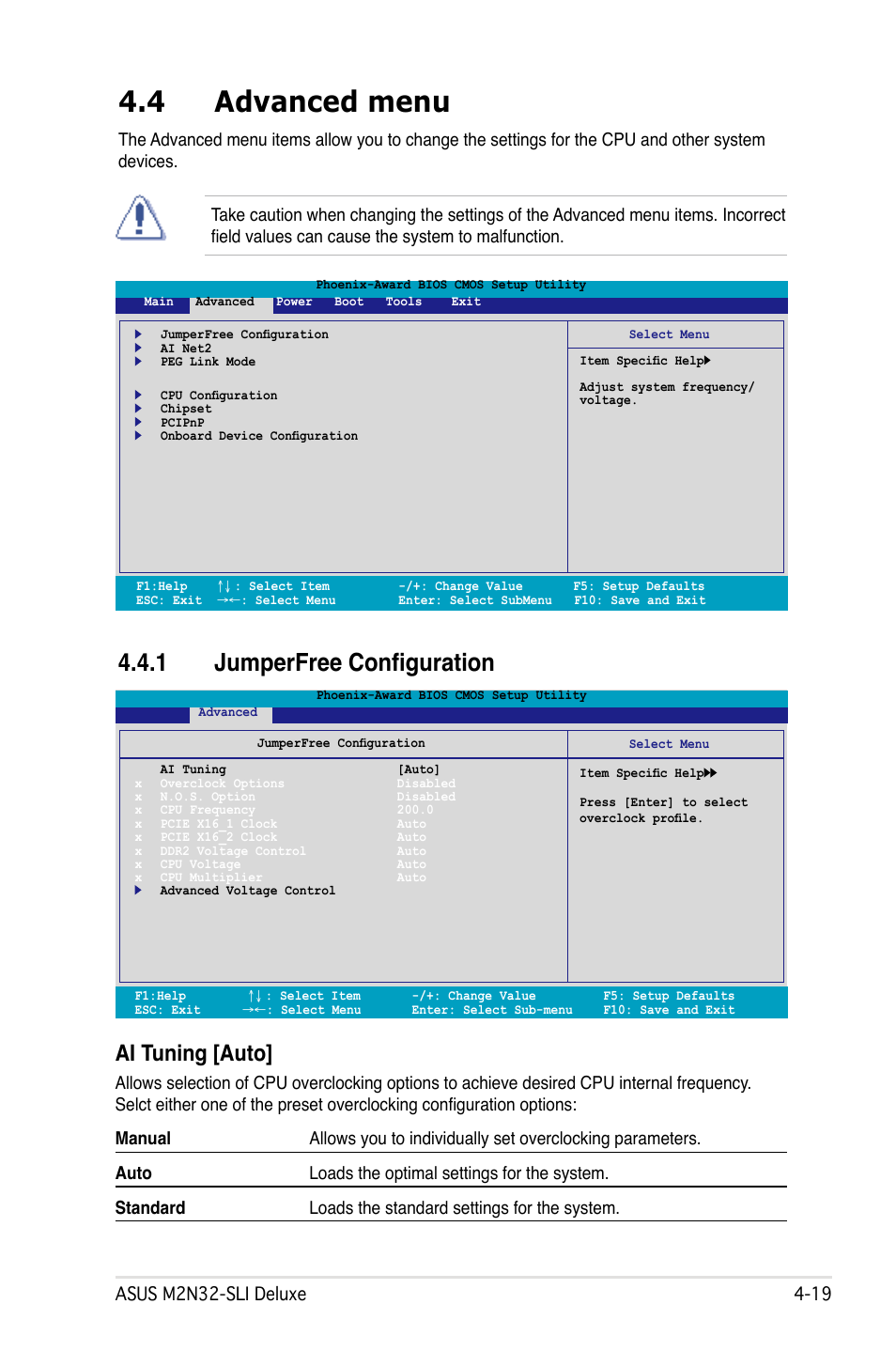 4 advanced menu, 1 jumperfree configuration, Ai tuning [auto | Asus M2N32-SLI User Manual | Page 85 / 170