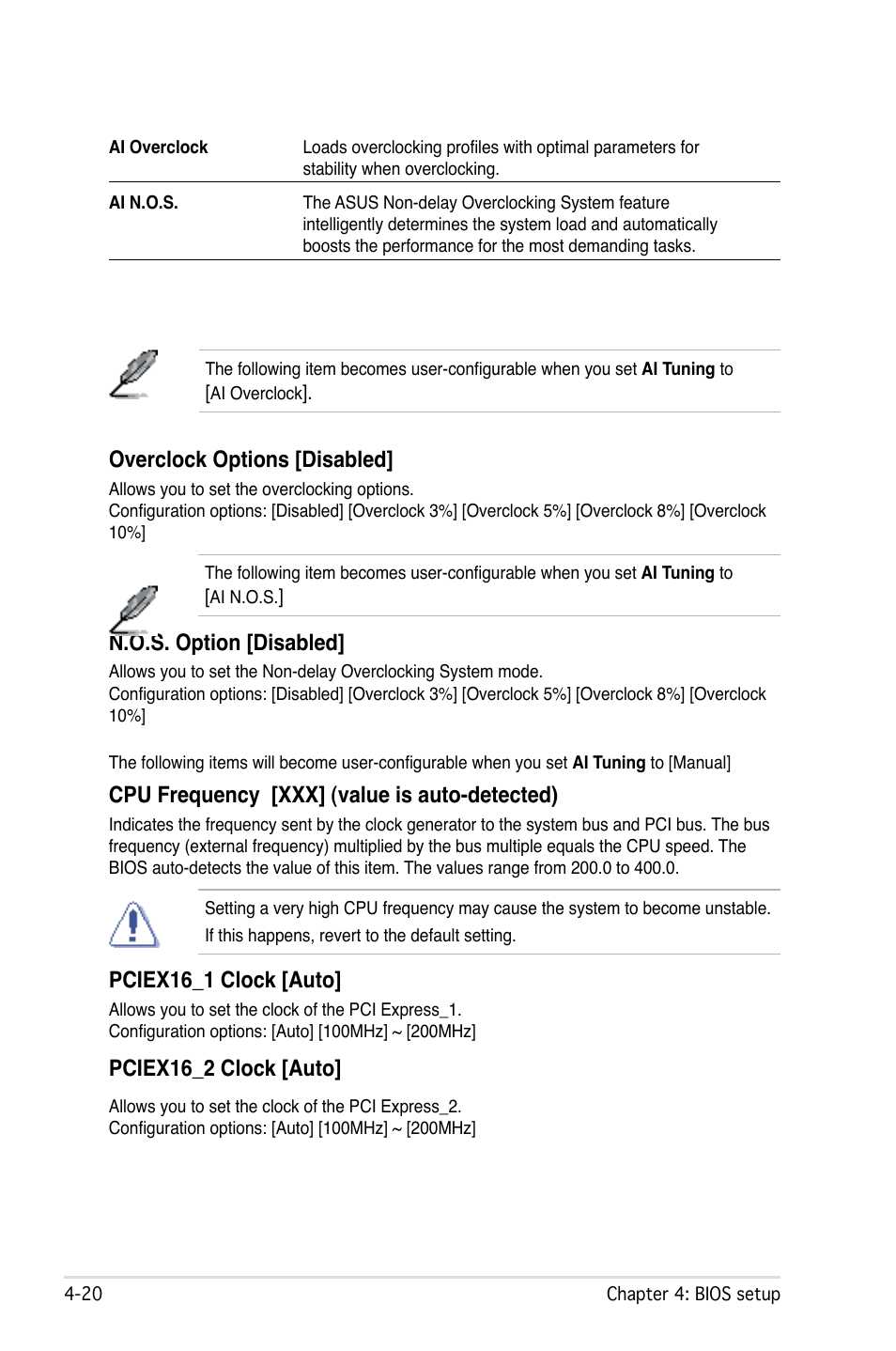 Overclock options [disabled, N.o.s. option [disabled, Cpu frequency [xxx] (value is auto-detected) | Pciex16_1 clock [auto, Pciex16_2 clock [auto | Asus M2N32-SLI User Manual | Page 86 / 170