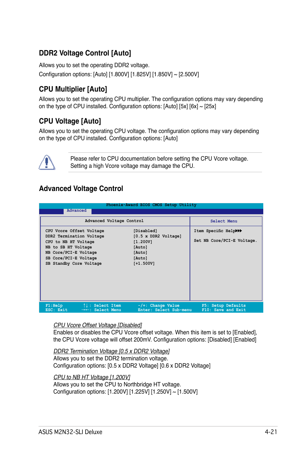 Advanced voltage control, Ddr2 voltage control [auto, Cpu multiplier [auto | Cpu voltage [auto | Asus M2N32-SLI User Manual | Page 87 / 170