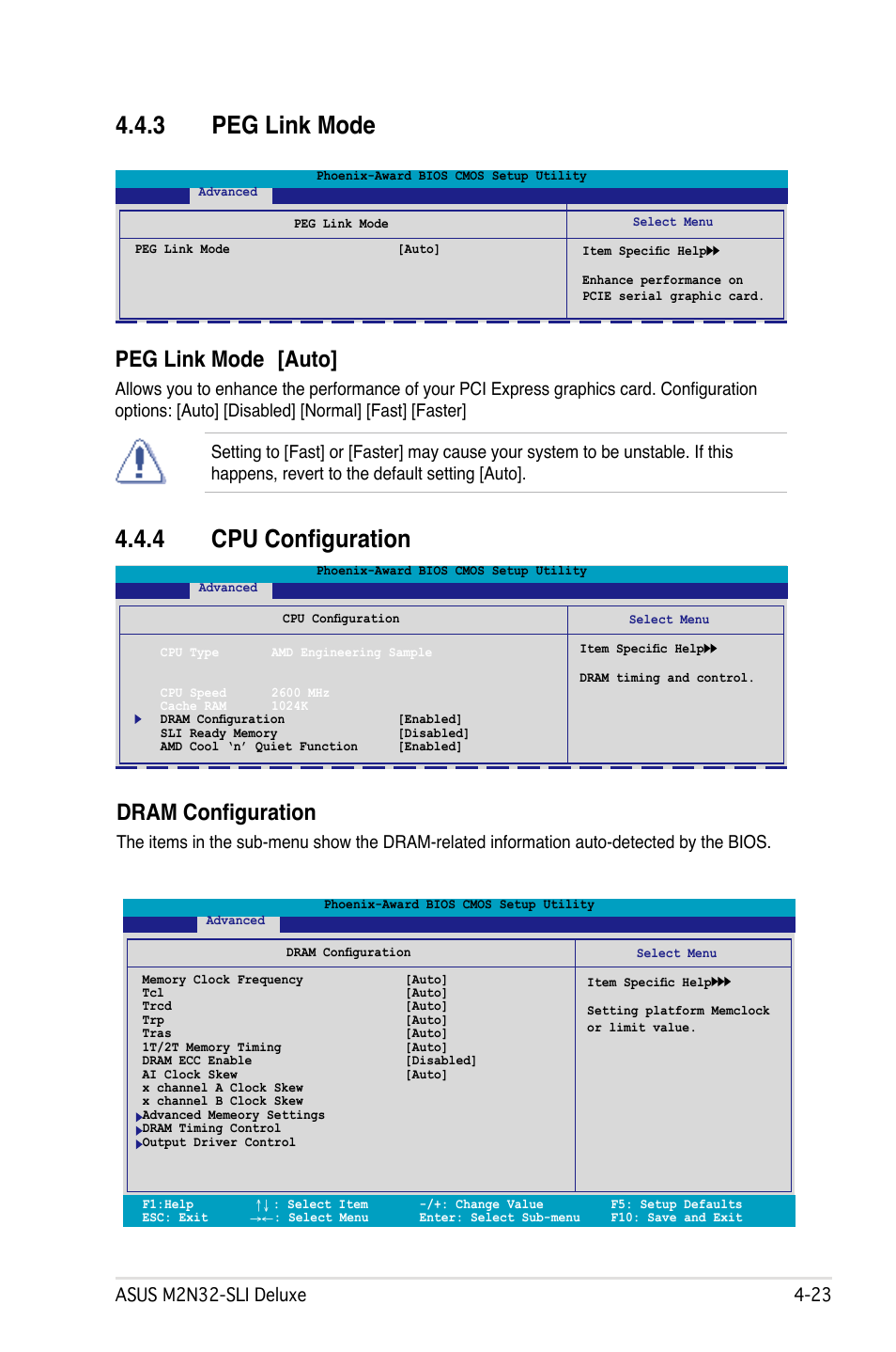 3 peg link mode, 4 cpu configuration, Peg link mode [auto | Dram configuration, Asus m2n2-sli deluxe -2 | Asus M2N32-SLI User Manual | Page 89 / 170