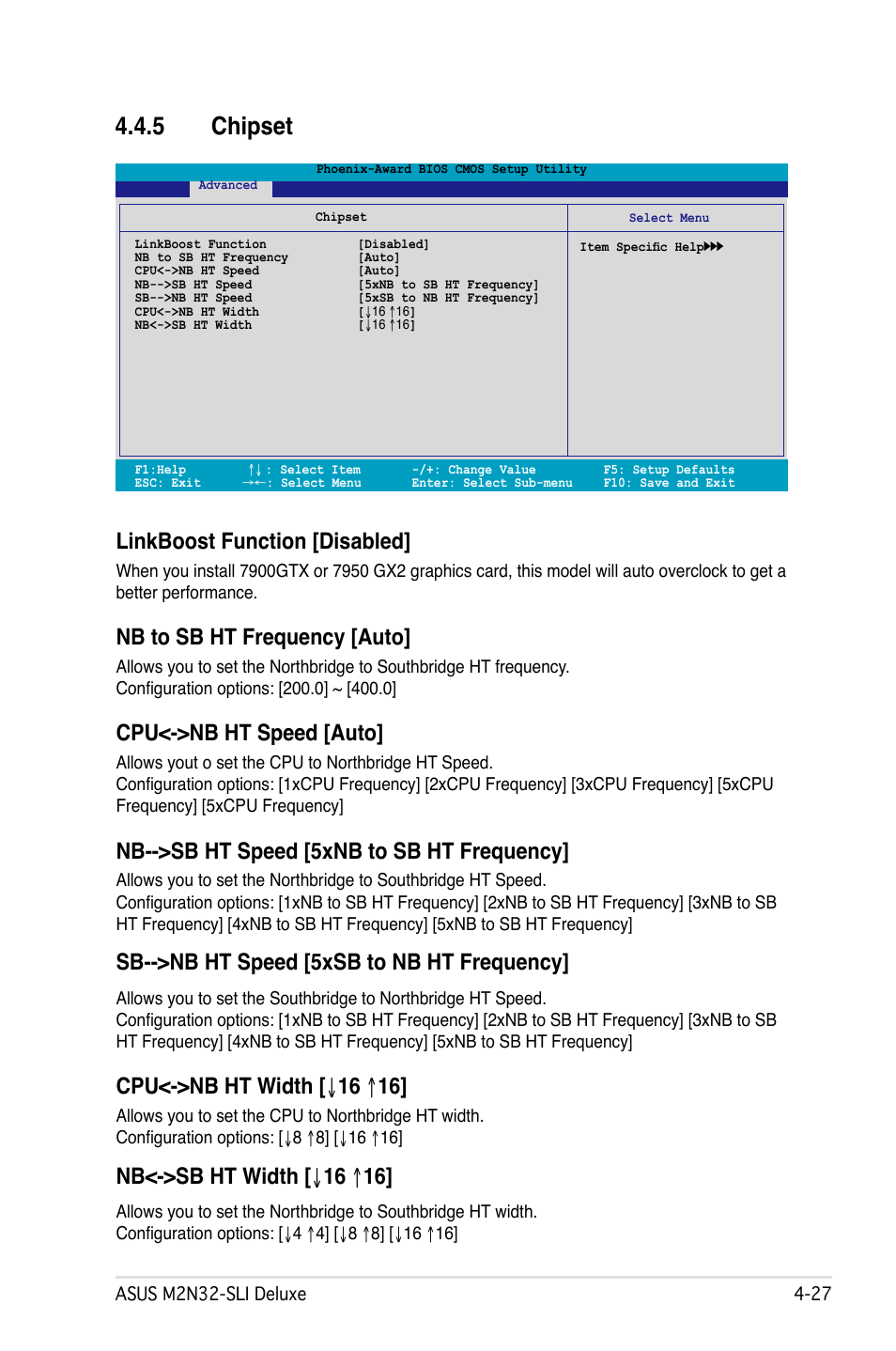 5 chipset, Linkboost function [disabled, Nb to sb ht frequency [auto | Cpu<->nb ht speed [auto, Nb-->sb ht speed [5xnb to sb ht frequency, Sb-->nb ht speed [5xsb to nb ht frequency, Cpu<->nb ht width [ ↓ 16 ↑ 16, Nb<->sb ht width [ ↓ 16 ↑ 16 | Asus M2N32-SLI User Manual | Page 93 / 170