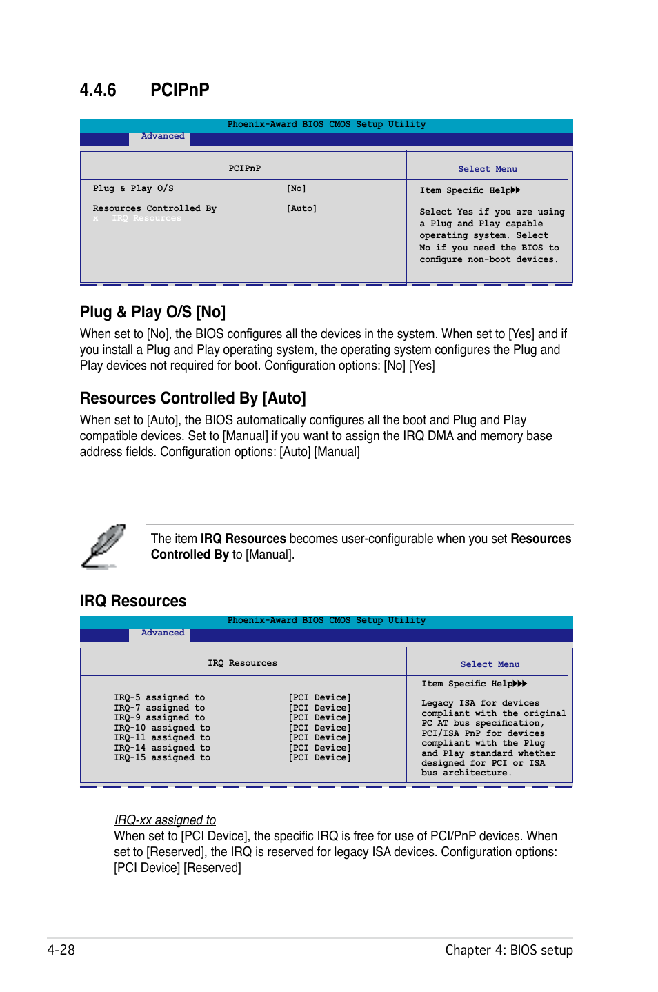 6 pcipnp, Plug & play o/s [no, Resources controlled by [auto | Irq resources | Asus M2N32-SLI User Manual | Page 94 / 170