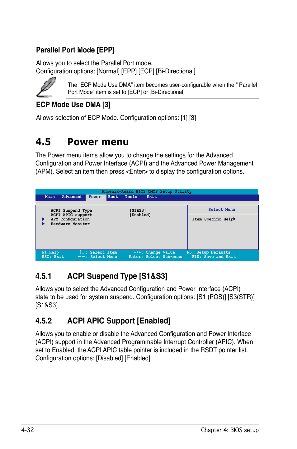 5 power menu, 1 acpi suspend type [s1&s3, 2 acpi apic support [enabled | Parallel port mode [epp, Ecp mode use dma [3 | Asus M2N32-SLI User Manual | Page 98 / 170