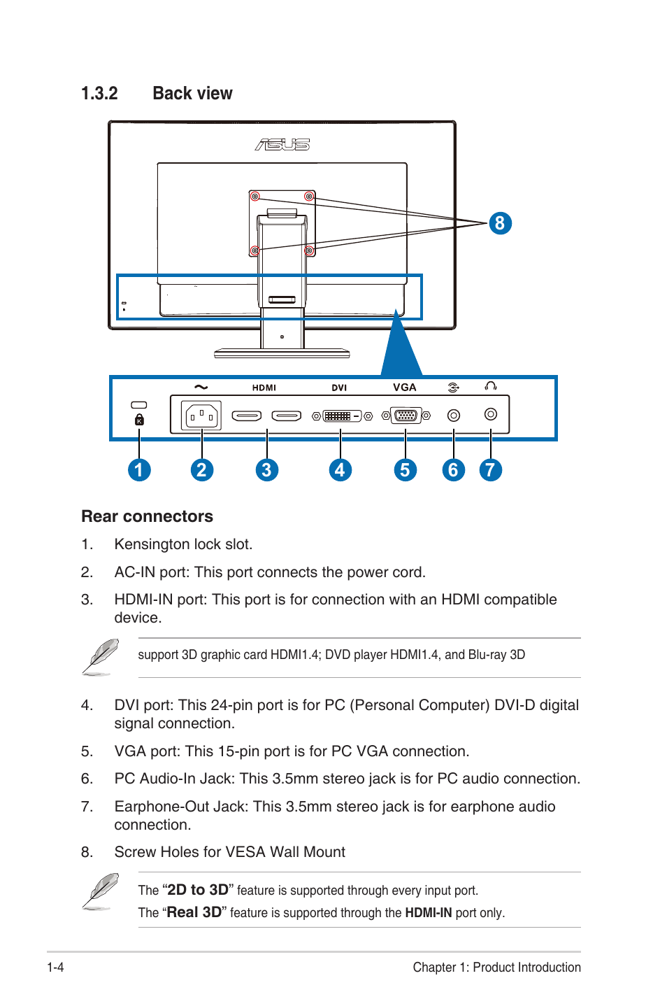 2 back view, Back view -4 | Asus LCD Monitor VG27AH User Manual | Page 10 / 26