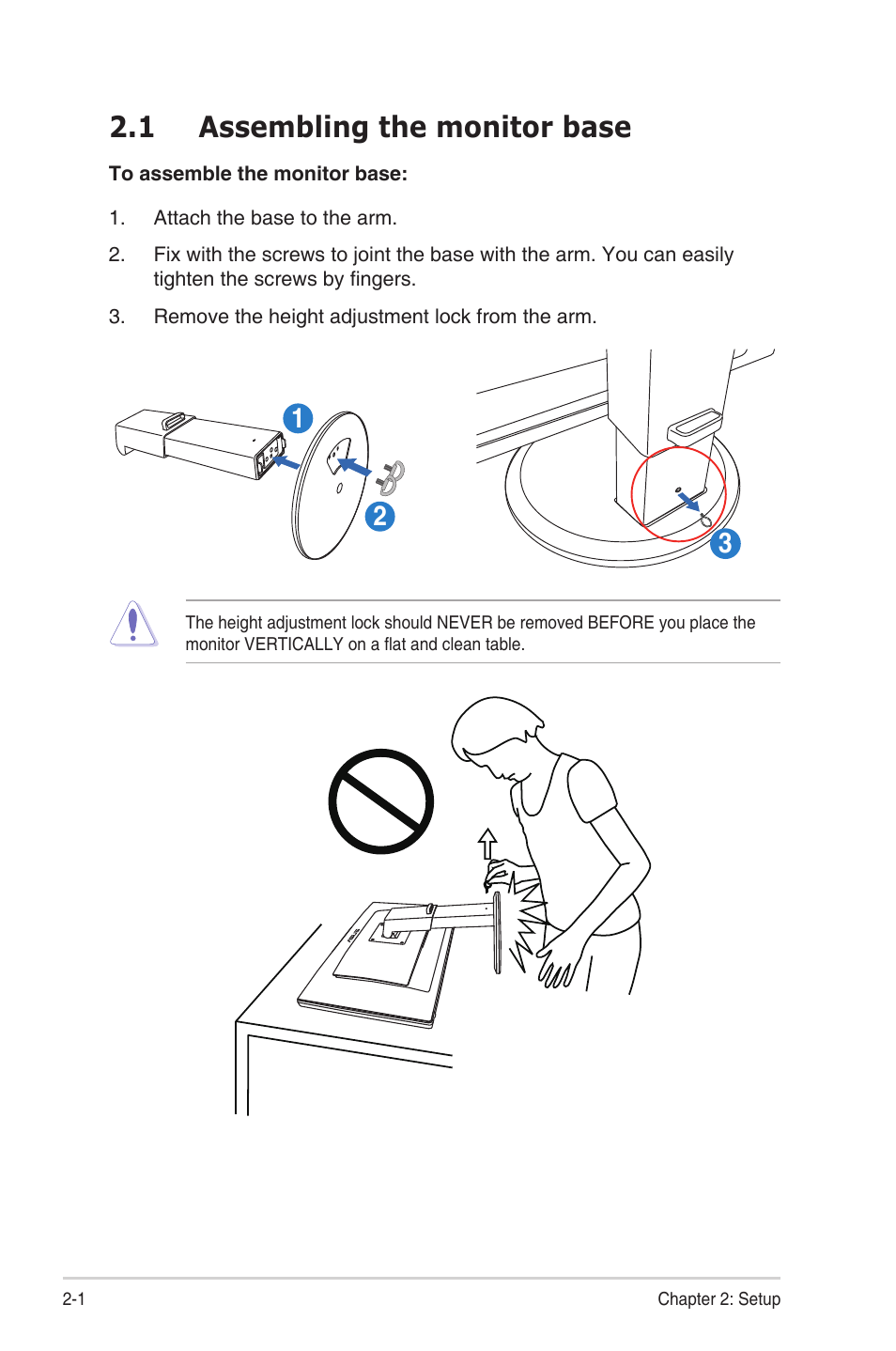 1 assembling the monitor base, Assembling the monitor base -1 | Asus LCD Monitor VG27AH User Manual | Page 12 / 26