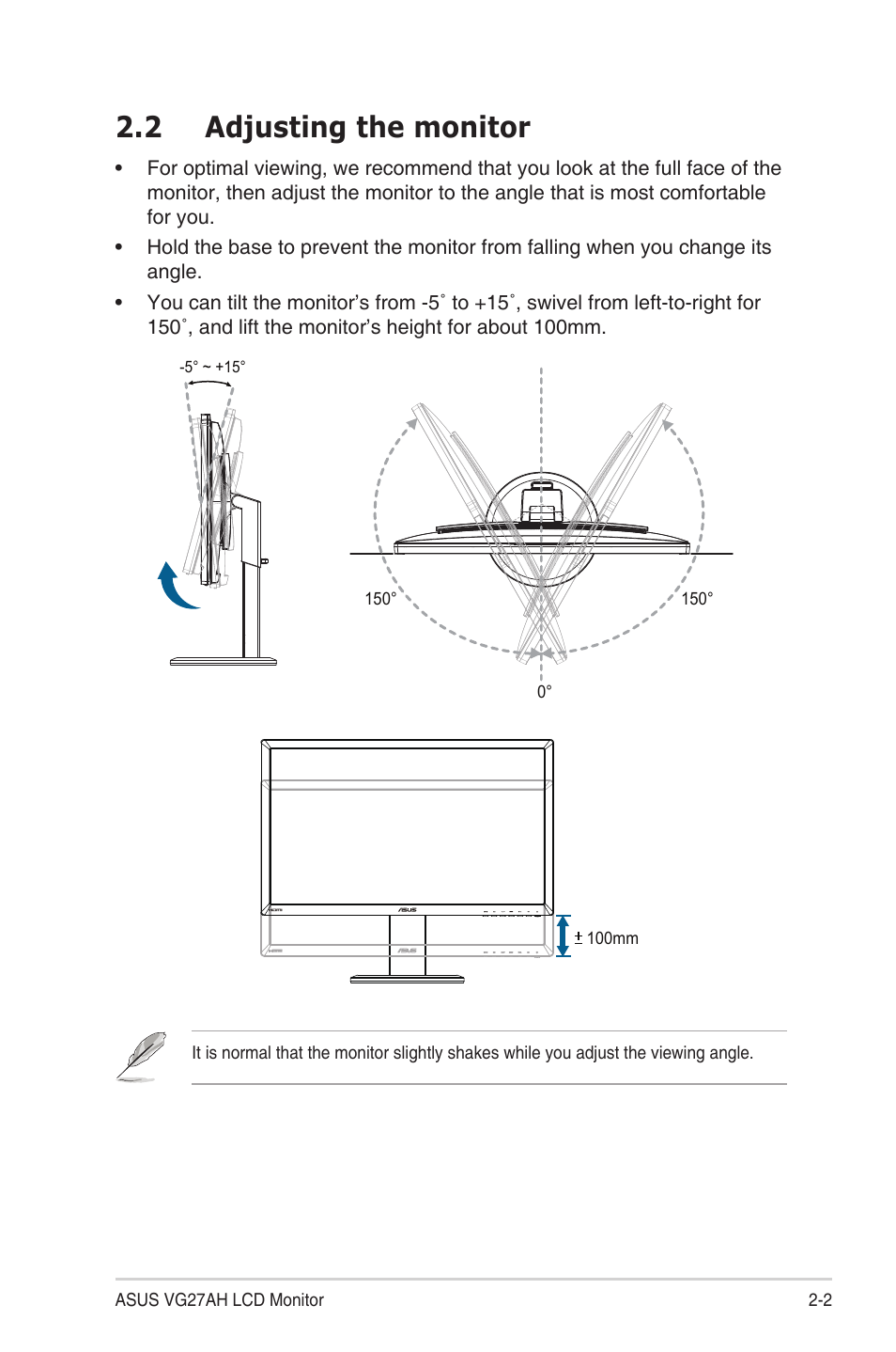 2 adjusting the monitor, Adjusting the monitor -2 | Asus LCD Monitor VG27AH User Manual | Page 13 / 26